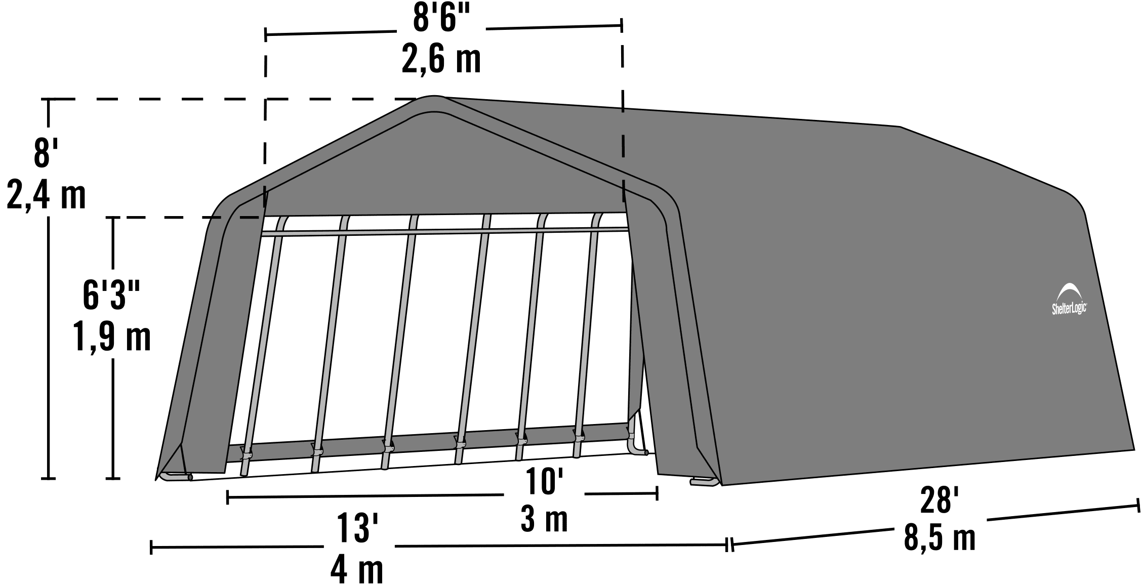 ShelterLogic 76432 12x28x8 Peak Style Shelter- Grey Cover