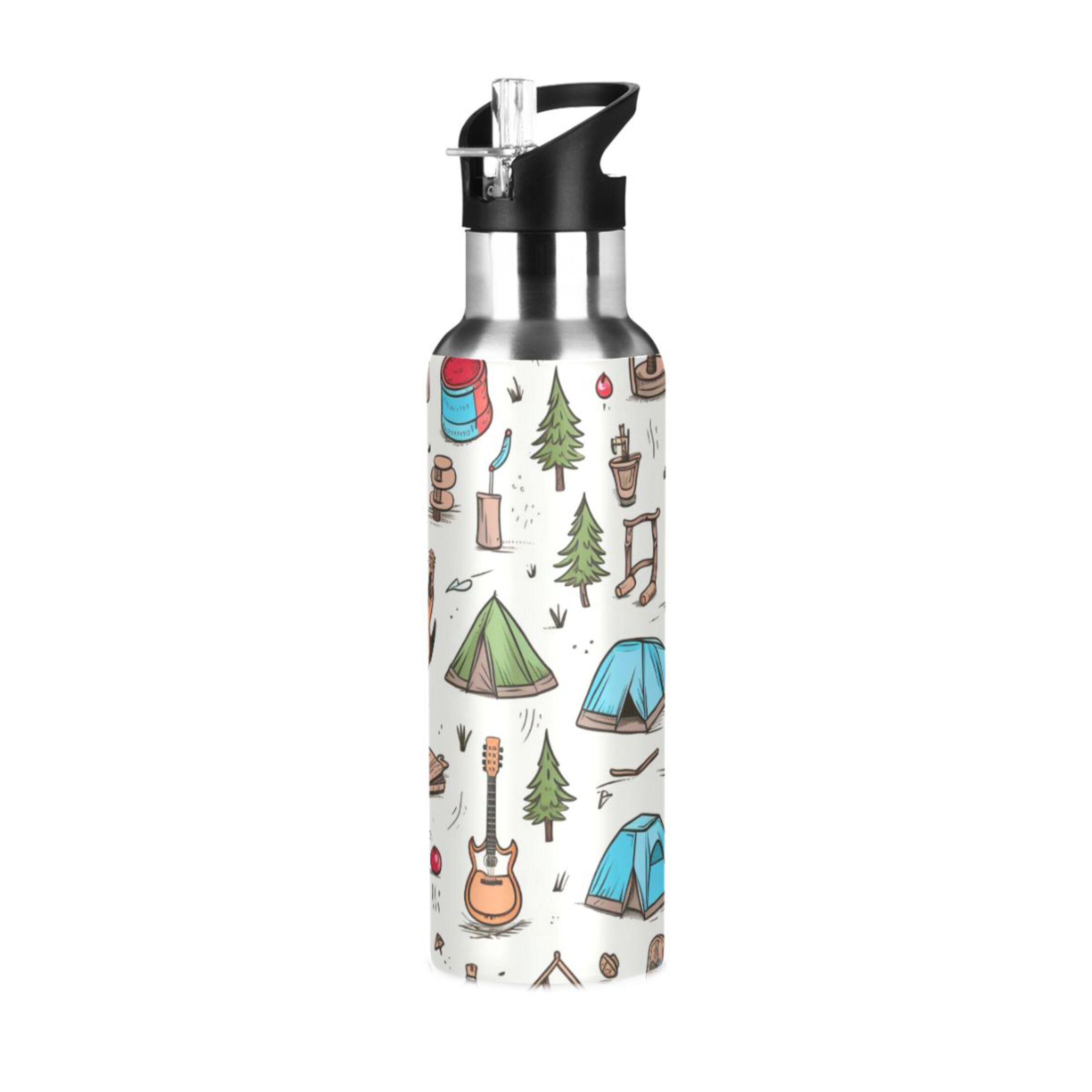 Camping and Guitars Water Bottles Insulated Thermos Kids Stainless Steel Bottle with Straw Lid Flask Leakproof for Sports Gym 20 oz