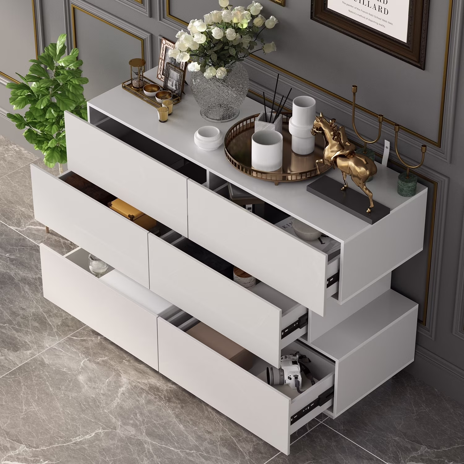 6 Drawers Dresser High Gloss Dresser Chest Off-Set Design Buffet White