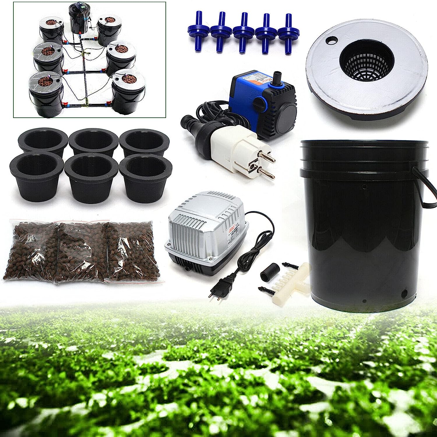 Aiqidi DWC Hydroponics Growing System, 5 Gallon 6 Buckets Recirculating Growing Kit Deep Water Culture with Water Exchange Bucket