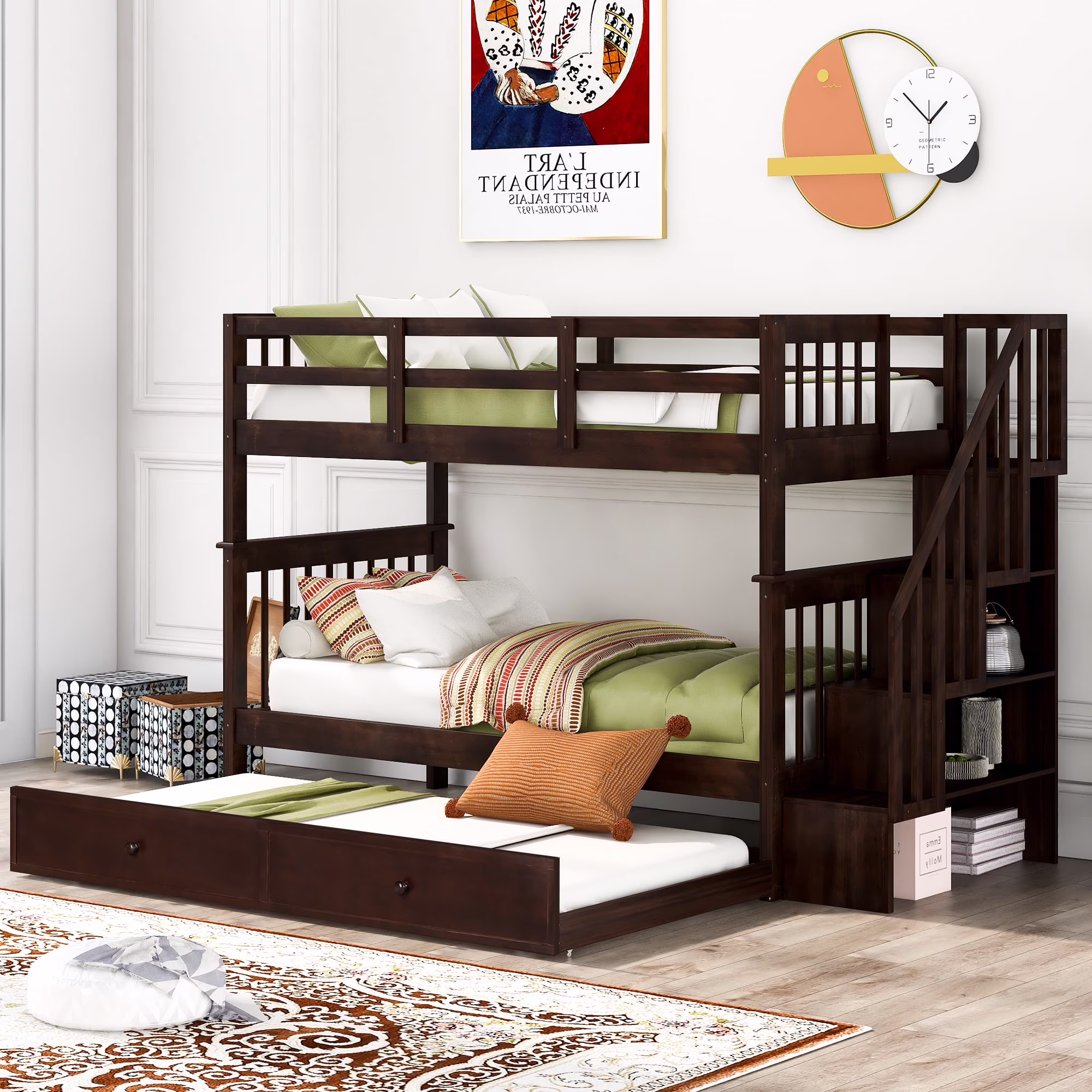 CHURANTY Stairway Twin Over Twin Bunk Bed with Trundle, Staircase and Storage, Solid Wood Storage Bunk Bed Frame with Guardrail, Can be Separated into 2 Beds