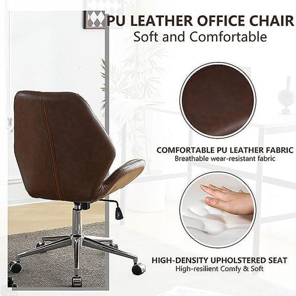 TJUNBOLIFE Armless Office Desk Chair  Mid-Back PU Leather Computer Task Chair with  Degree Swivel Wheels  Adjustable Height  Tilt  - Brown