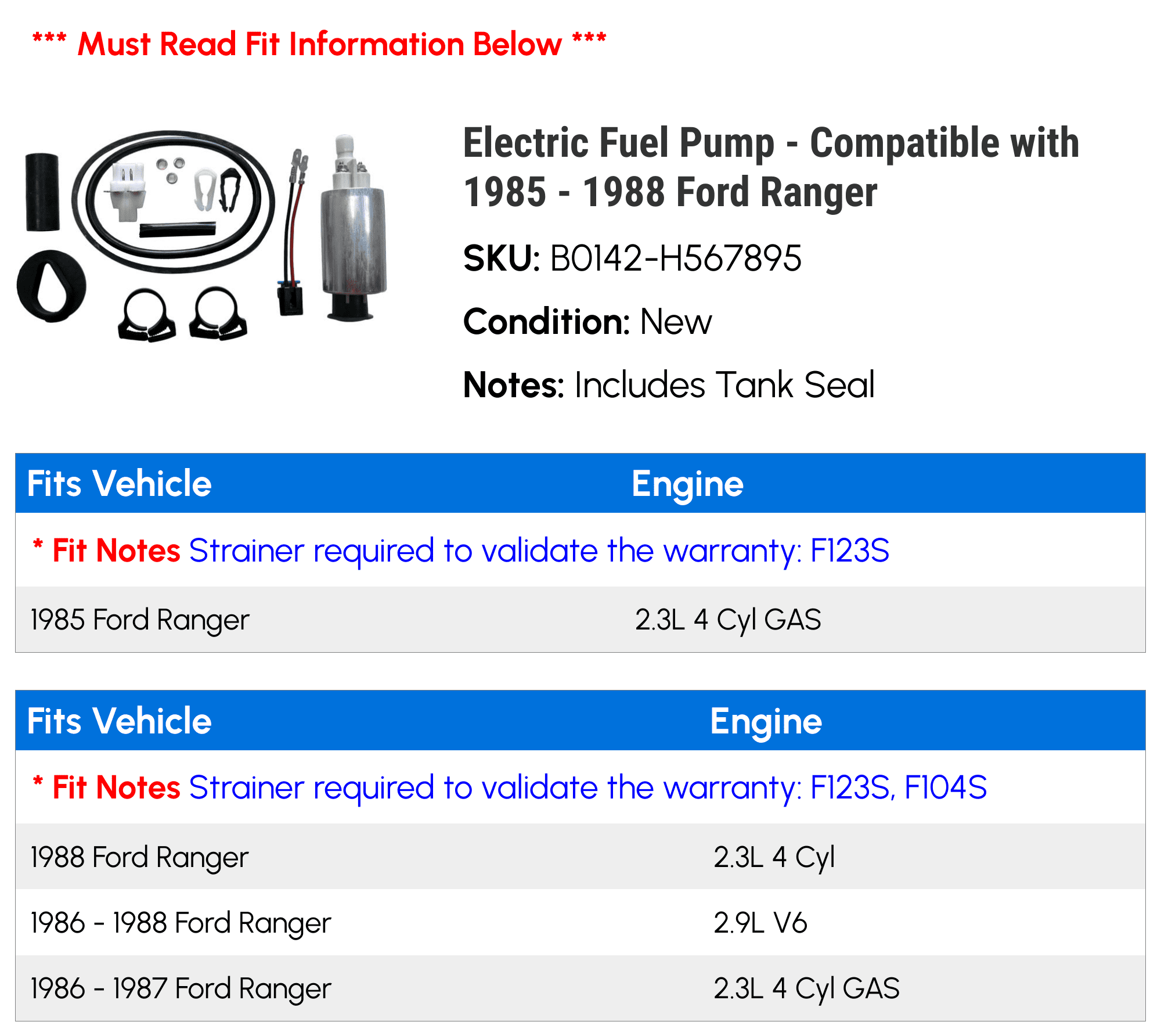 Electric Fuel Pump - Compatible with 1985 - 1988 Ford Ranger 1986 1987