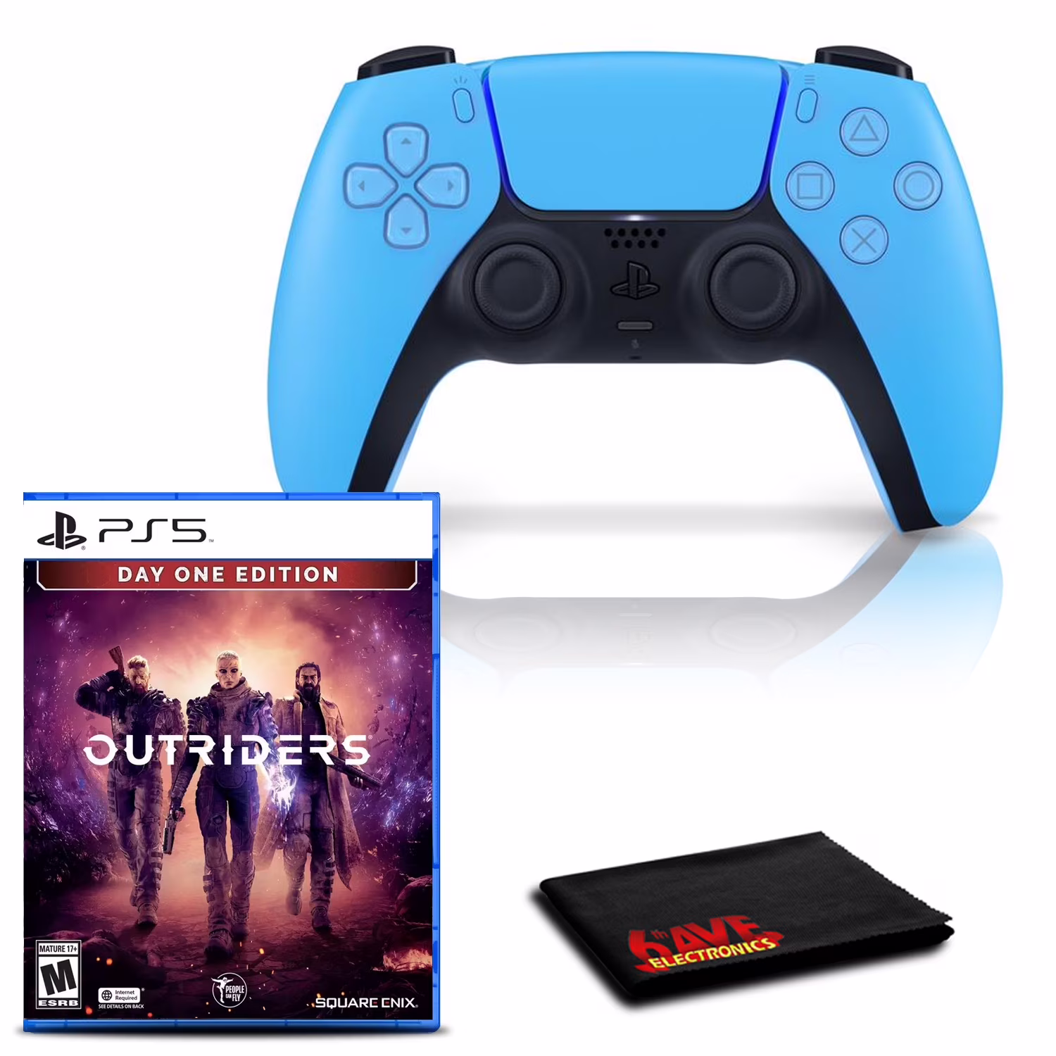 PlayStation 5 DualSense Wireless Controller (Starlight Blue) with Outriders Day One Edition and 6Ave Cleaning Cloth