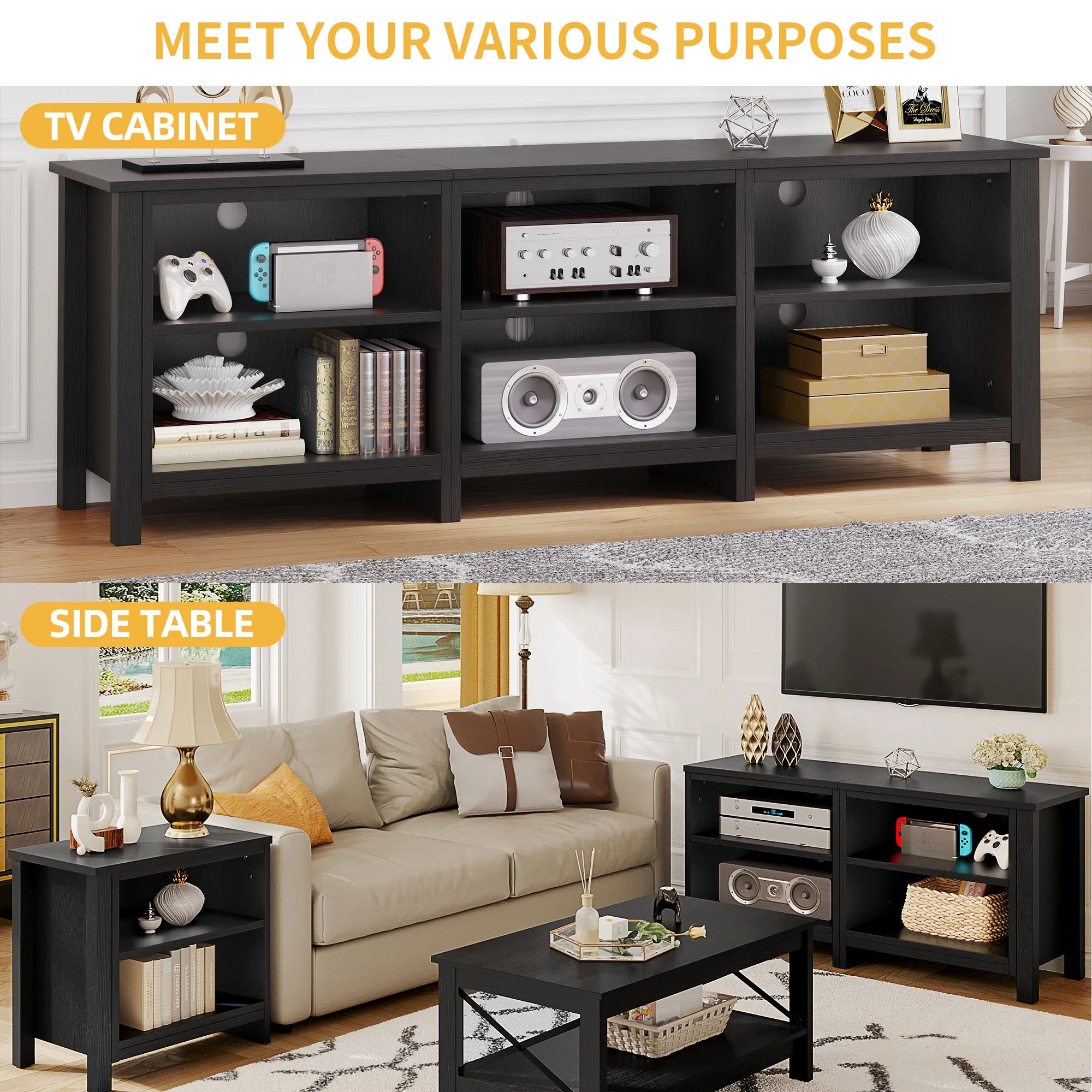 DWVO Modern TV Stand for Televisions up to 80 Inch, Classic 6 Cubby Media Entertainment Center Console Table with Storage Shelves for Living Room Bedroom, Black