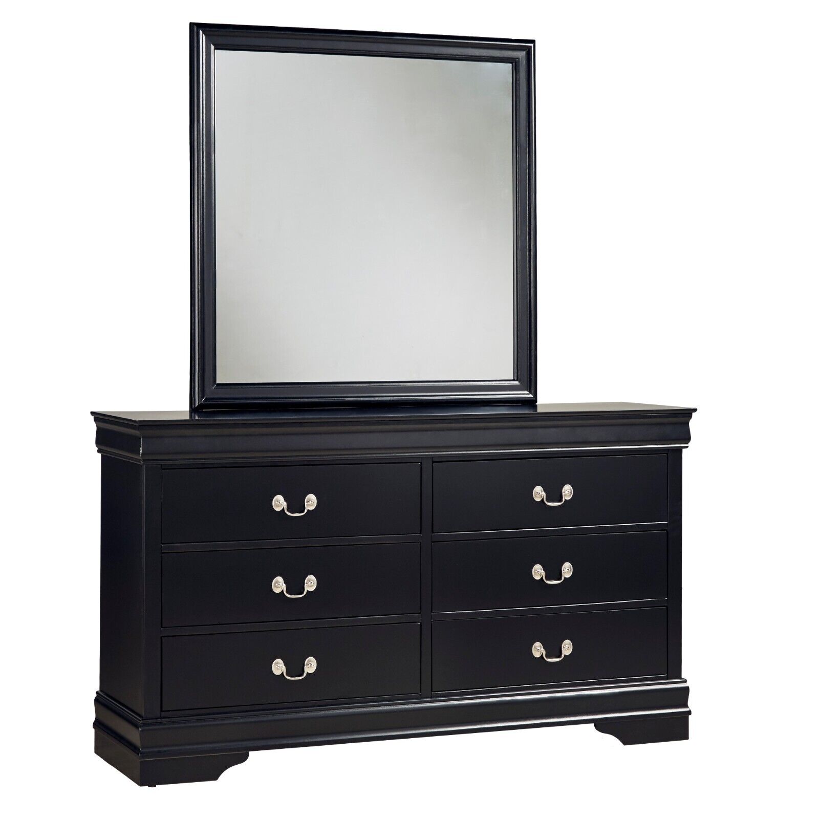 Classic Louis Philippe Style Bedroom 4pc Set Queen Bed Nightstand Dresser Mirror Traditional Black Finish Furniture
