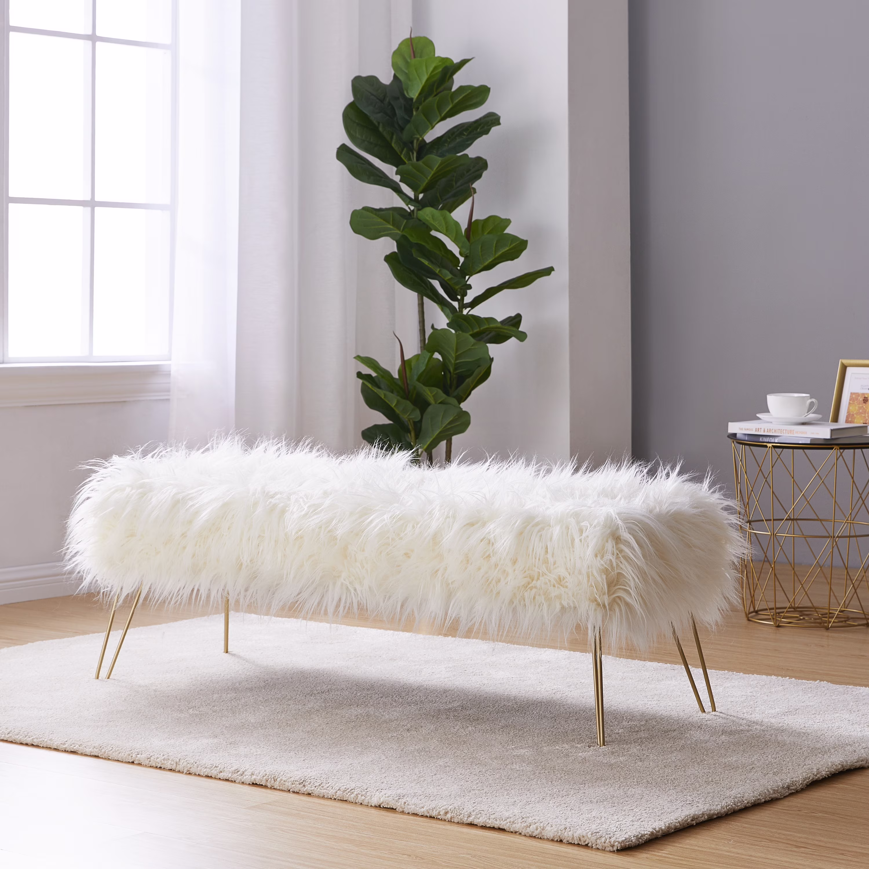 OH Modern Contemporary Faux Fur Long Bench Ottoman Foot Rest Stool/Seat with Gold Metal Legs - 15