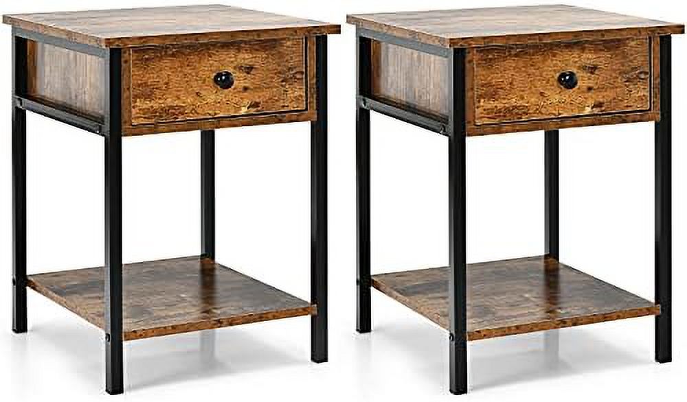 TJUNBOLIFE Nightstand   Industrial 2-Tier End Table with  Drawer and   Bedside Tables with Metal Frame  Wooden  for Living Room  Bedroom  Easy Assembly  Rustic Brown