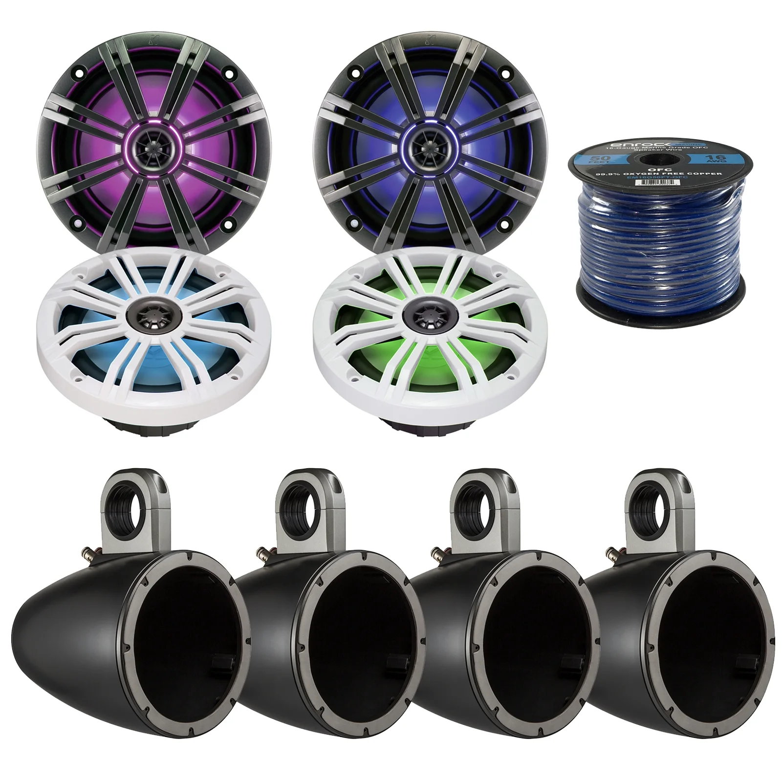 4x Kicker KM8 8-INCH Marine Coaxial Speakers, 4x Kicker KMTESW 8