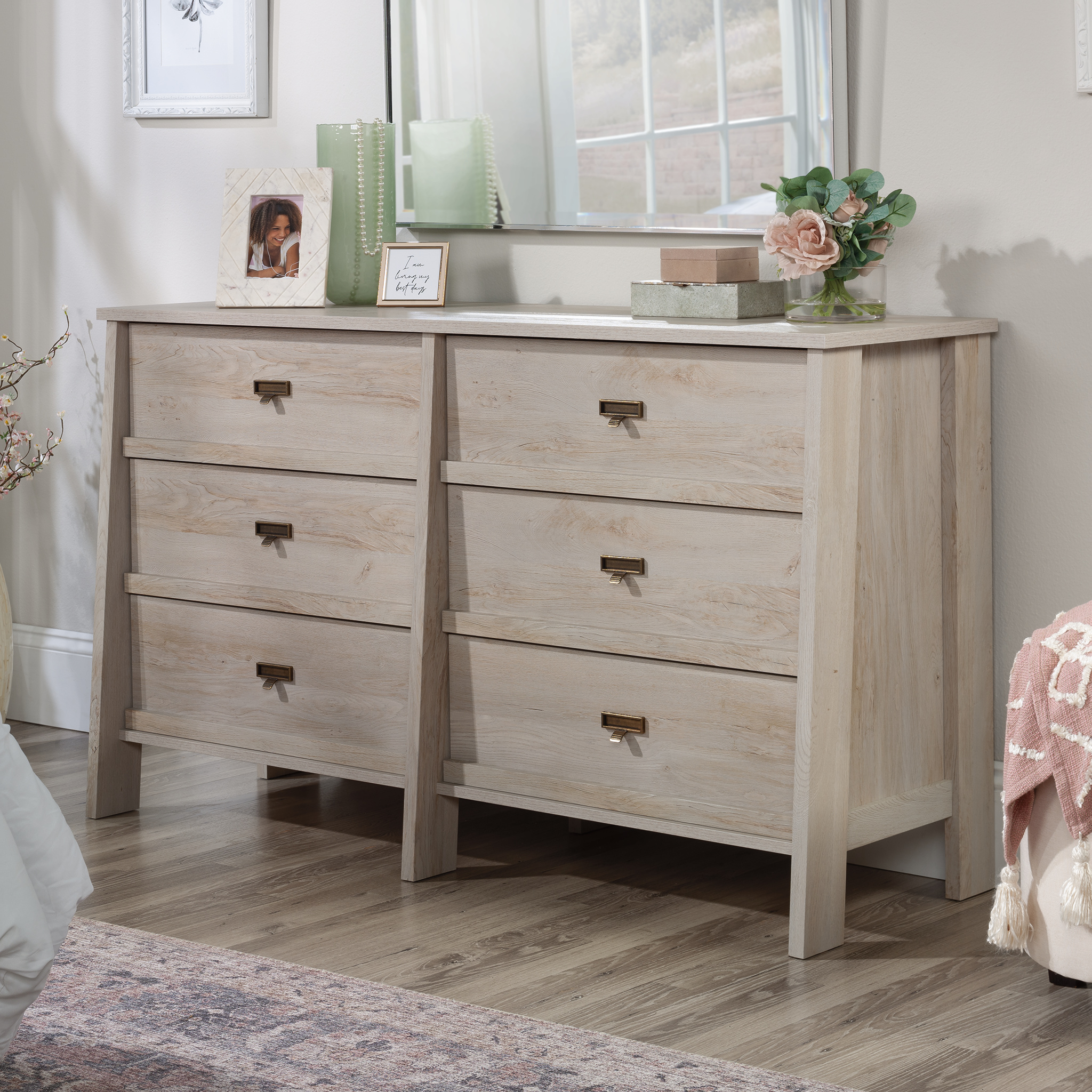 Sauder Trestle 6-Drawer Dresser in Chalked Dressernut, Chalked Chestnut Finish
