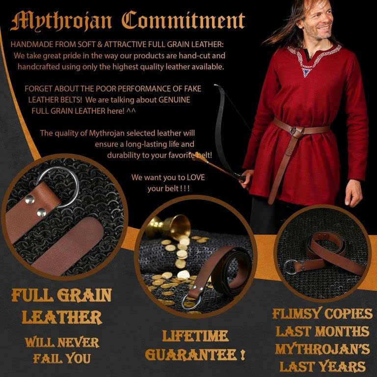 Mythrojan Leather Ring Belt Veg Tan Leather with Steel Ring Viking LARP Leather Belt