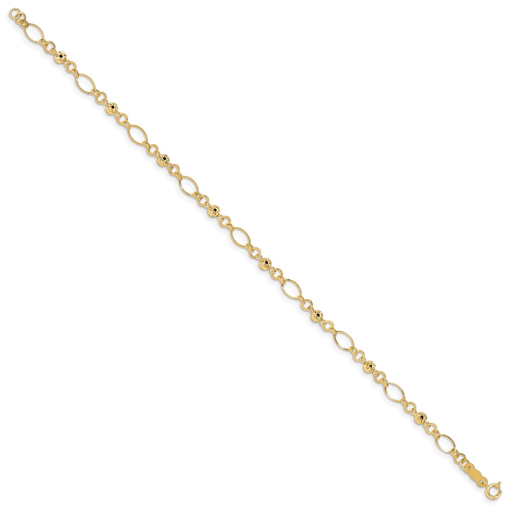 Real 14kt Yellow Gold Polished Diamond-cut Ovals & Donut Beads Chain Bracelet; for Adults and Teens; for Women and Men