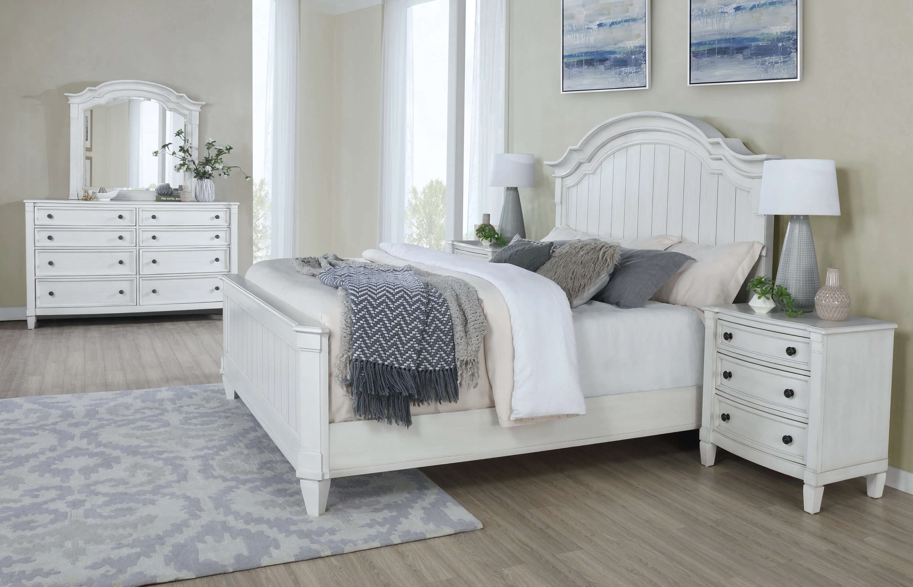 Saline Wood Camelback Planked King Bed with Dresser, Mirror, and Nightstand