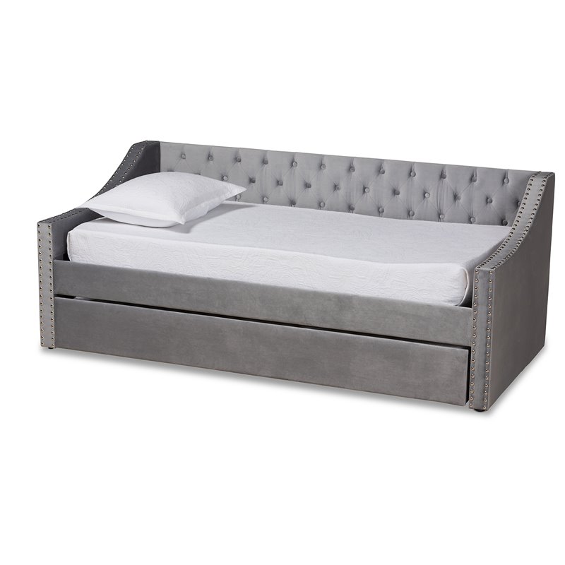 Bowery Hill Contemporary Velvet Upholstered Twin Size Daybed w/ Trundle in Gray