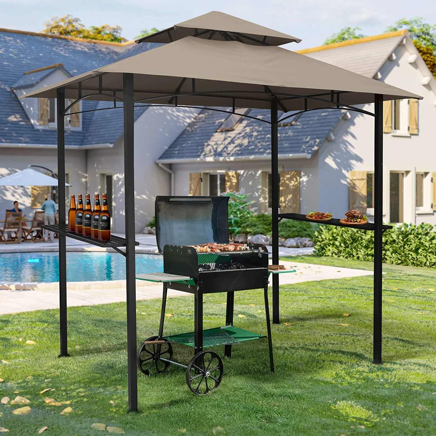 TOPCHANCES Grill Gazebo 5' x 8' Outdoor Patio Backyard BBQ Grill Shelter Double Tiered Canopy Top with Steel Frame and Bar Counter, Brown