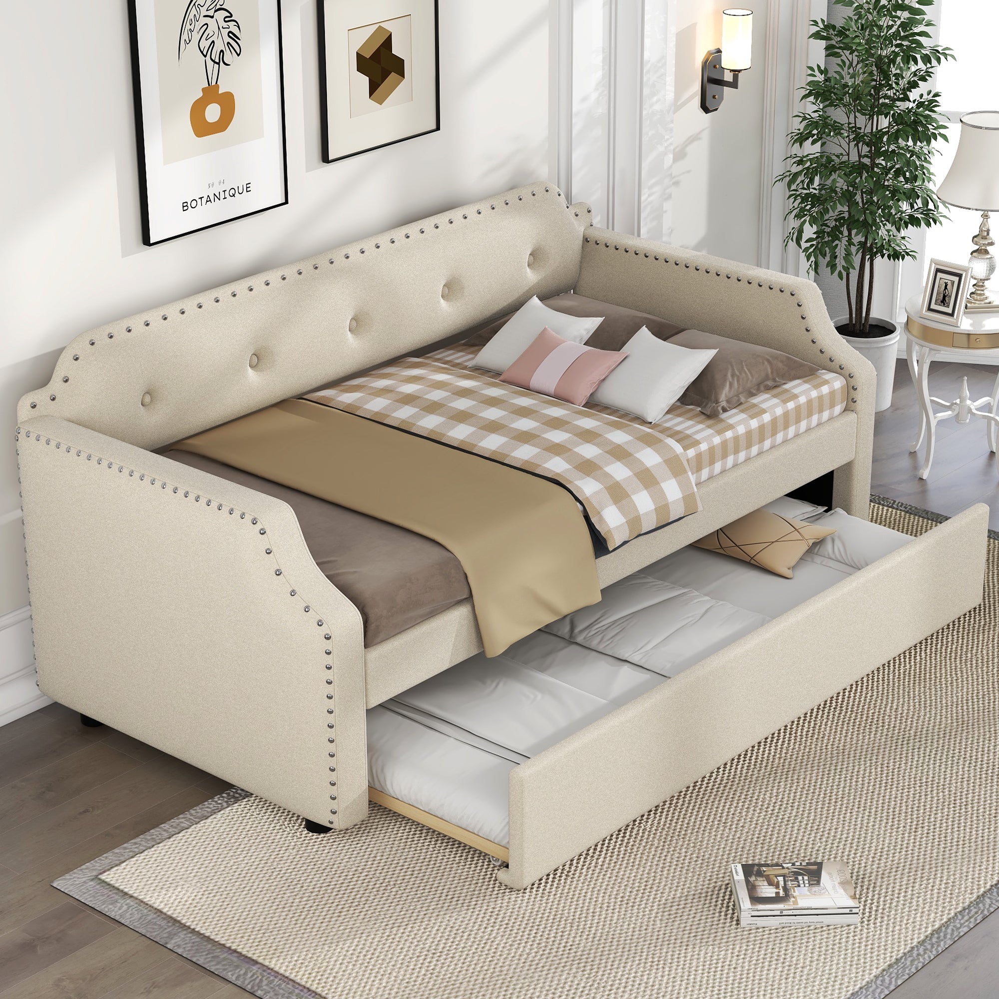 Ascar Twin Size Upholstered Daybed with  Trundle - Beige