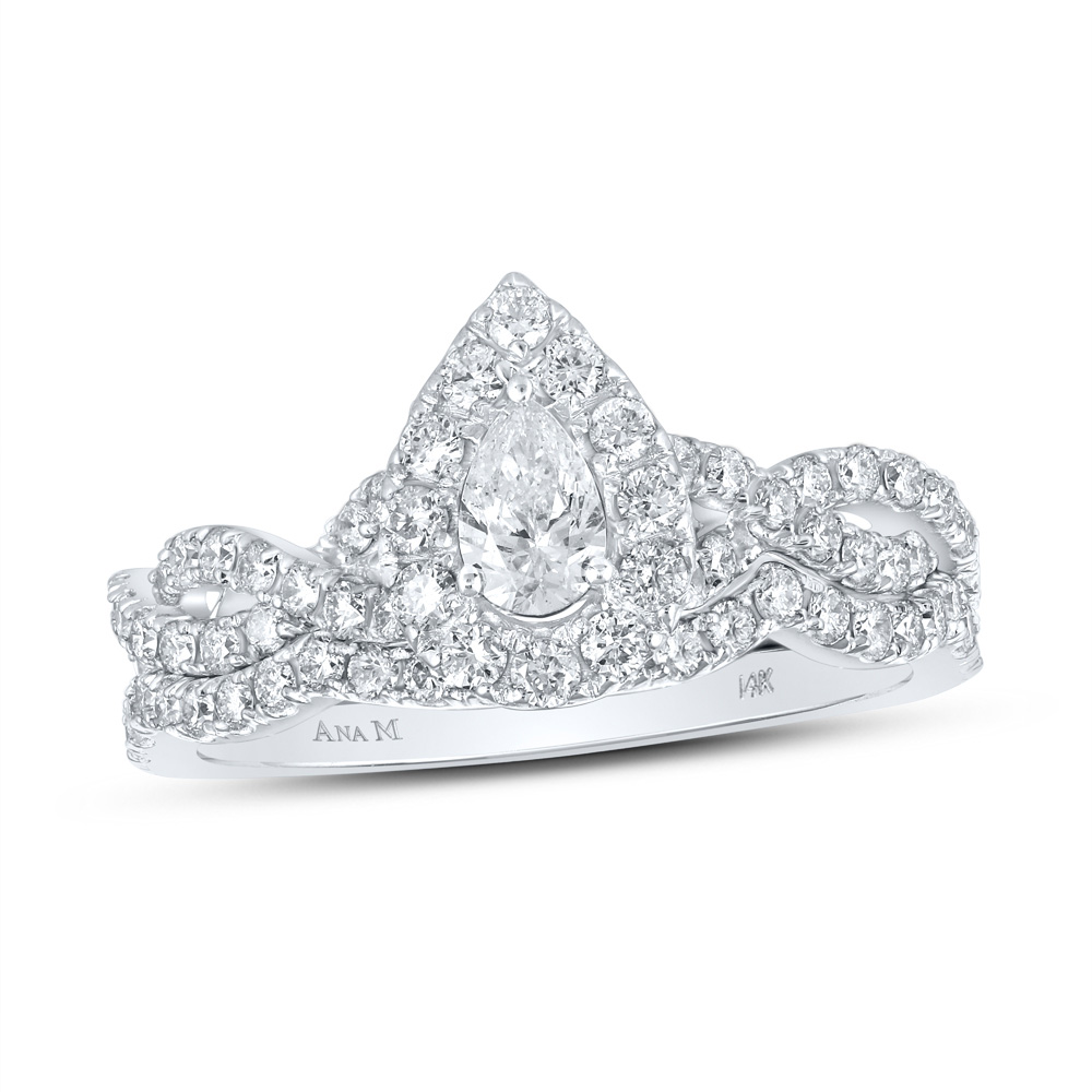 Women's Solid 14kt White Gold Pear Diamond Solitaire Halo Bridal Wedding Ring Band Set 1 Cttw Ring Size 7