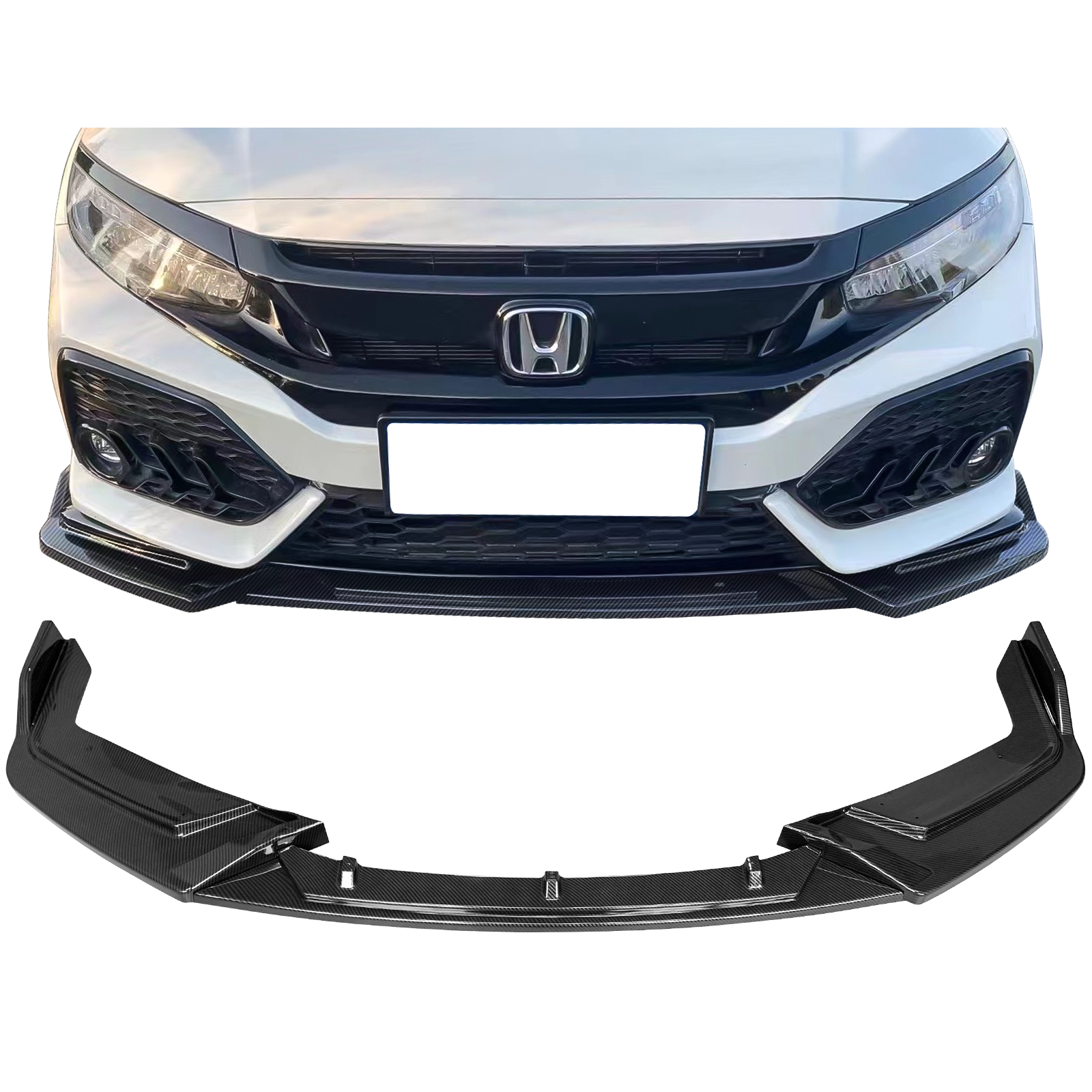 Ikon Motorsports Front Bumper Lip Compatible With 17-21 Honda Civic Hatchback & Si IKON Style Carbon Fiber Print Front Air Dam Chin Spoiler Splitter 3PCS