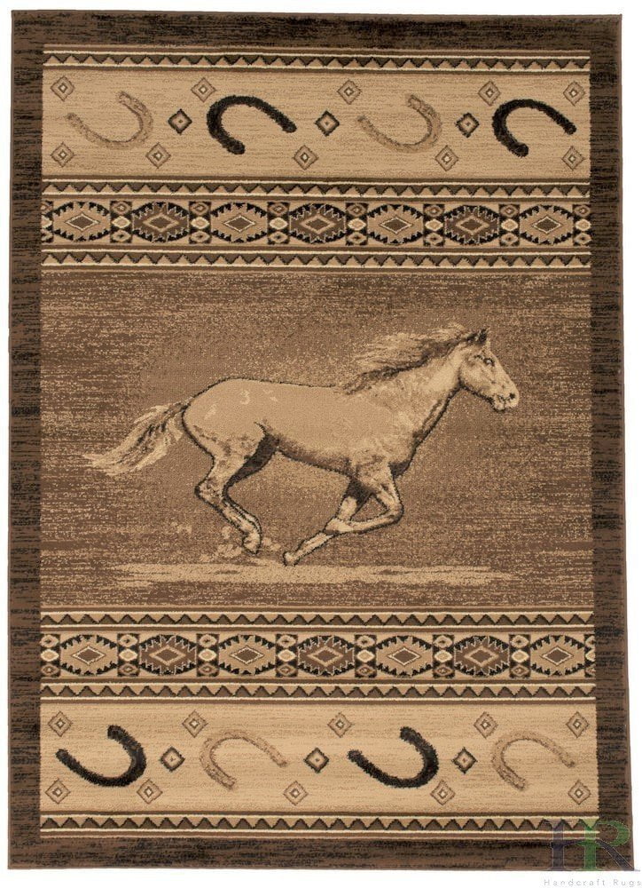 Lodge, Cabin Nature and Animals Area Rug - Southwestern Design Cabin Area Rug - Abstract, Chocolate-Horse/Horse Shoe