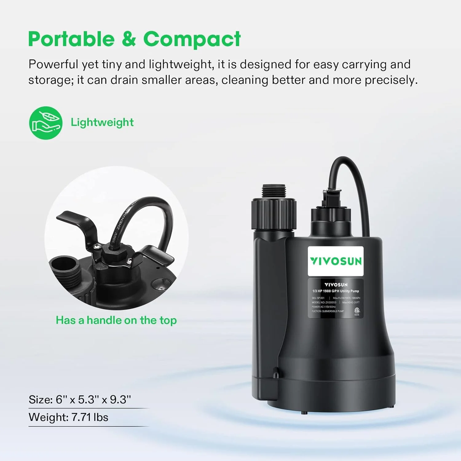 VIVOSUN Submersible Water Sump Pump, 1/3HP 1980GPH Utility Pump, Thermoplastic Sump Pump with 10ft Cable