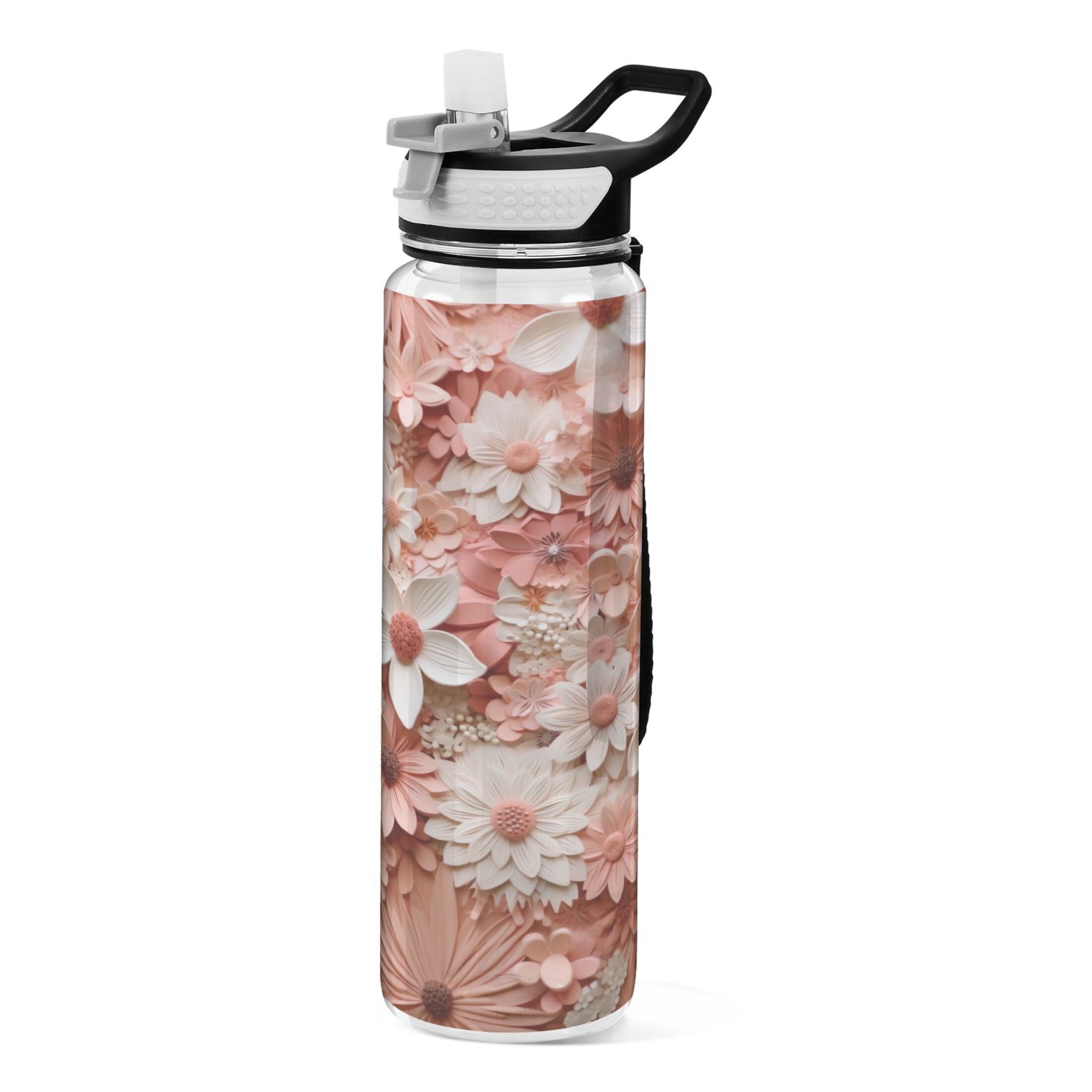Pink Flowers 32oz Water Bottles with Straw Tritan Leakproof Sports Bottle BPA Free Clear for Fitness Gym Swimming Cycling