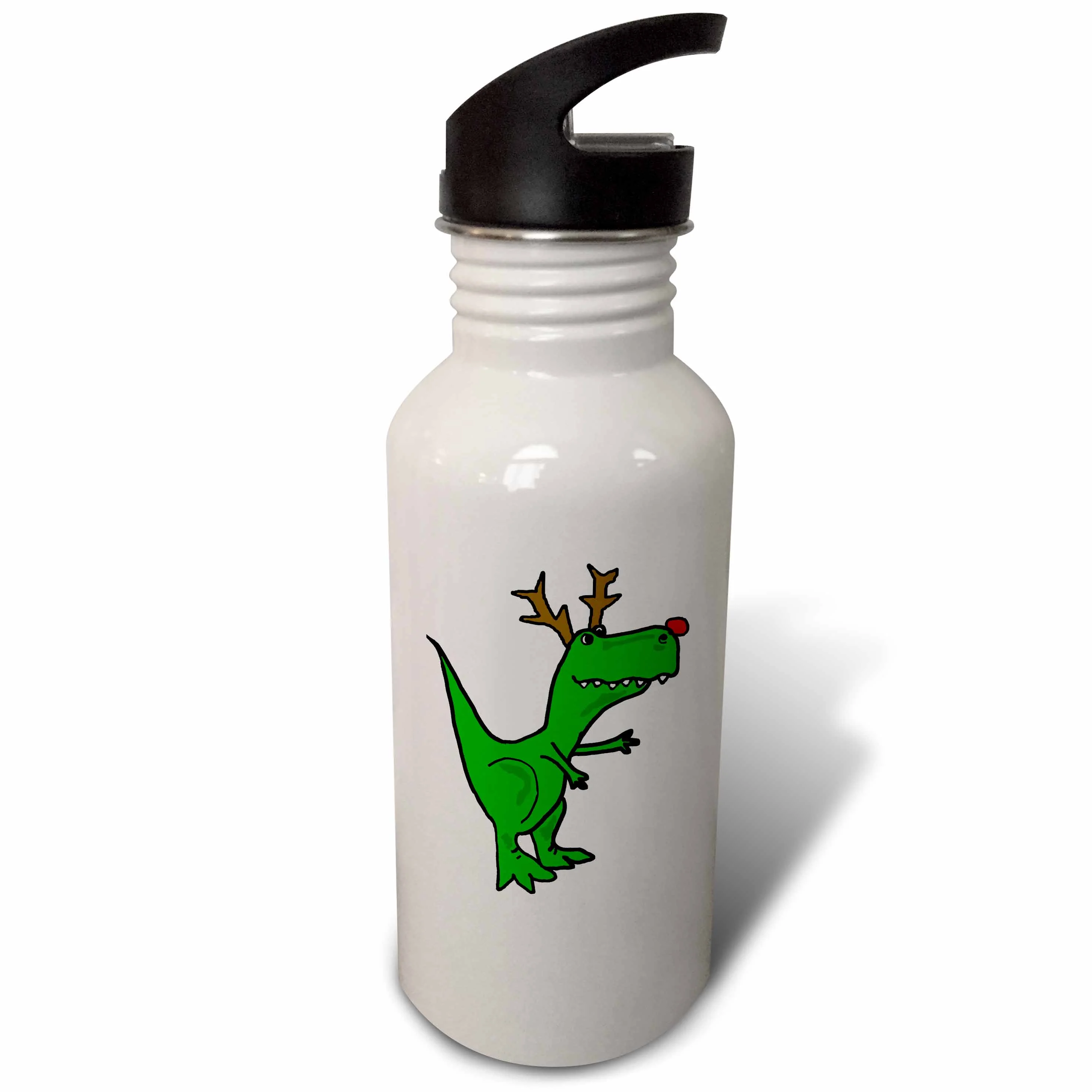 Funny Green T-Rex Dinosaur Dressed as Rudolph Reindeer 21 oz Sports Water Bottle wb-220491-1