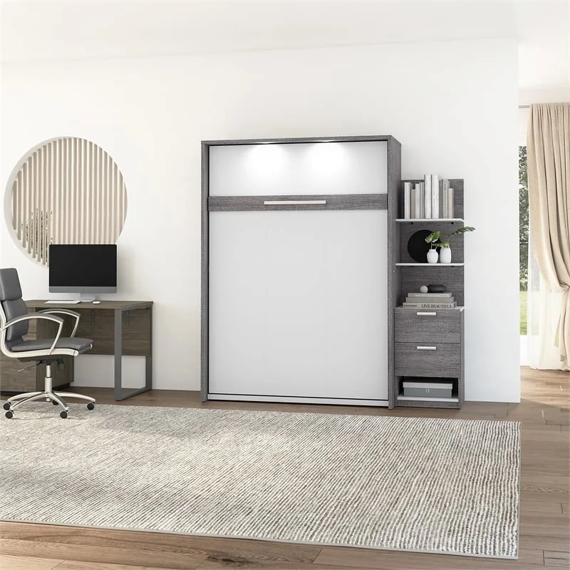 Atlin Designs Transitional Wood Full Murphy Bed w/ Nightstand in Bark Gray/White