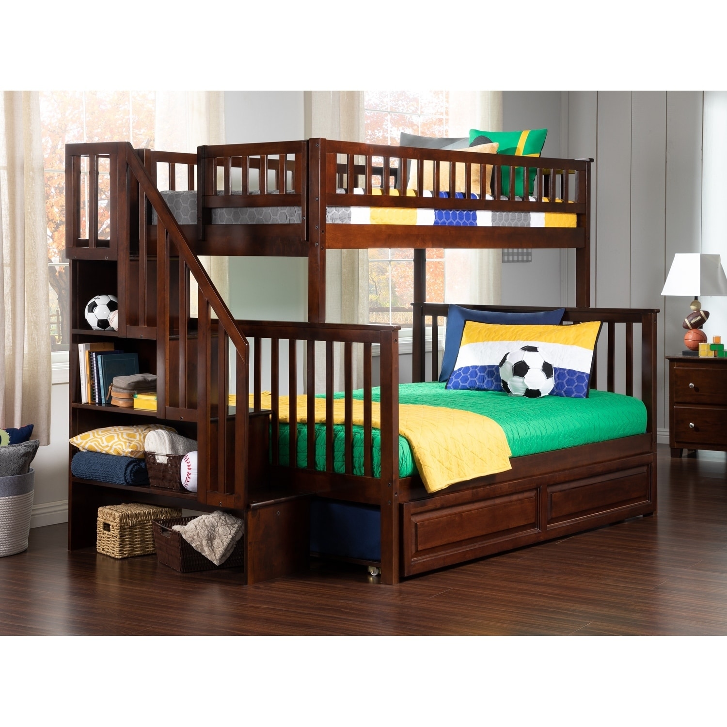 AFI Woodland Staircase Bunk Bed Twin over Full with Twin Trundle in Walnut