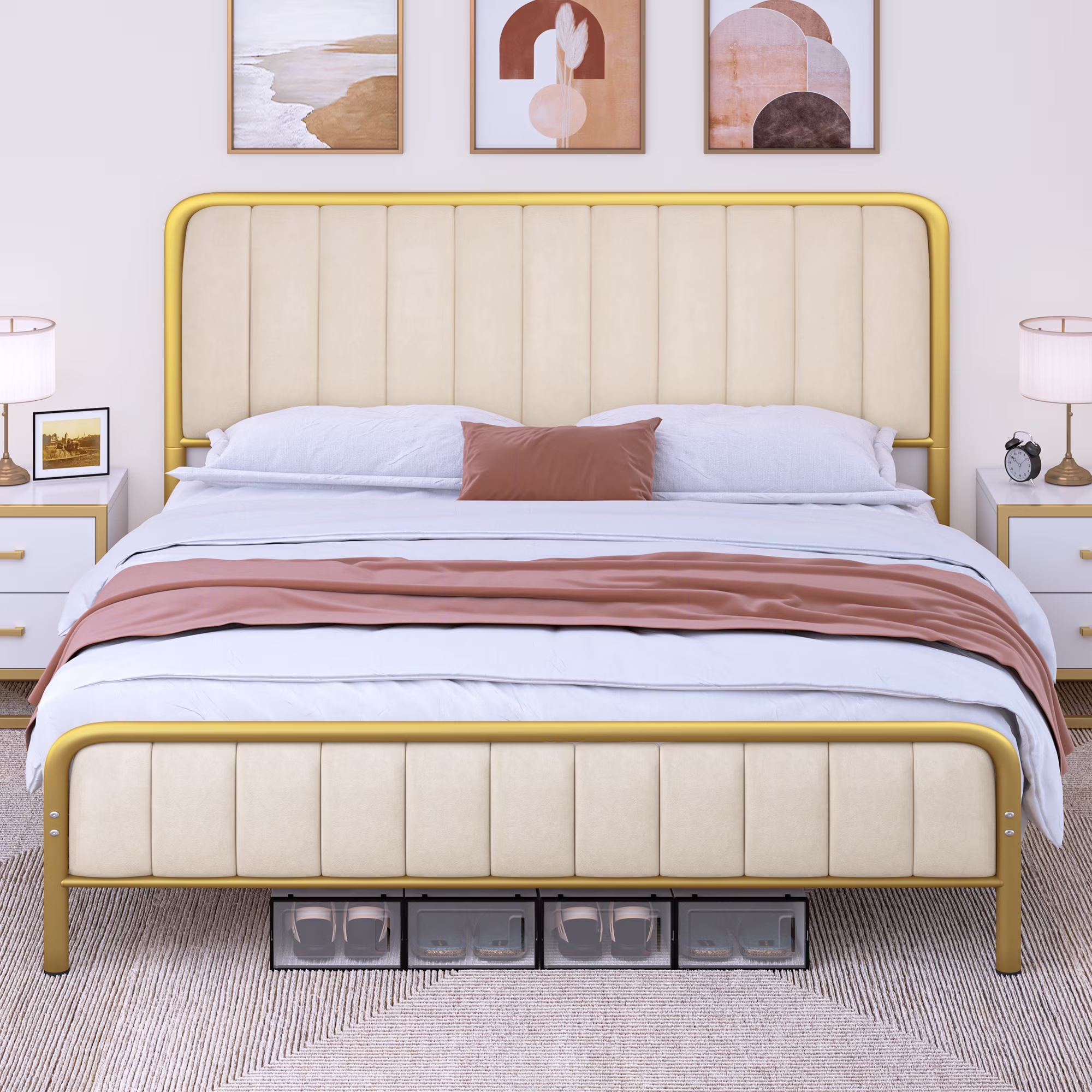 Dextrus Queen Size Bed Frame, Upholstered Bed Frame with Velvet Headboard,  No Box Spring Needed, Golden & Beige