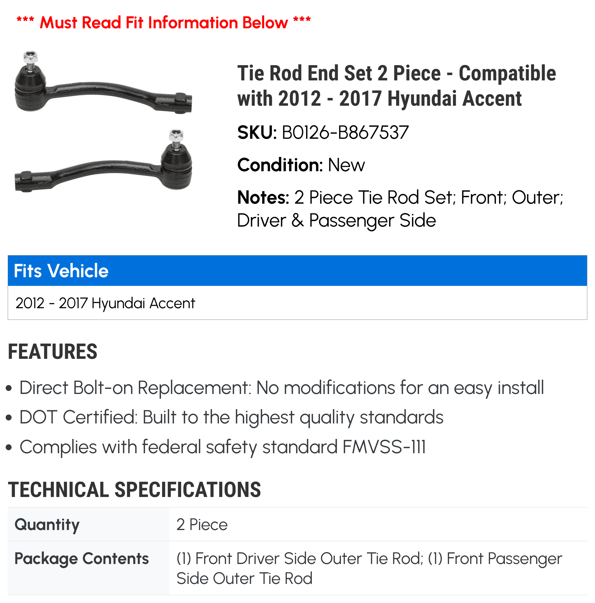 Tie Rod End Set 2 Piece - Compatible with 2012 - 2017 Hyundai Accent 2013 2014 2015 2016