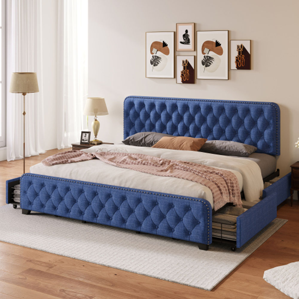 Upholstered Platform Bed Frame with Four Drawers, Button Tufted Headboard and Footboard Sturdy Metal Support, No Box Spring Required, Blue, King
