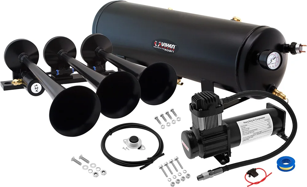Vixen Horns Train Horn Kit for Trucks/Car/Semi. Complete Onboard System- 200psi Air Compressor, 3 Gallon Tank, 3 Trumpets. Super Loud dB. Fits Vehicles like Pickup/Jeep/RV/SUV 12v VXO8330B/3118B