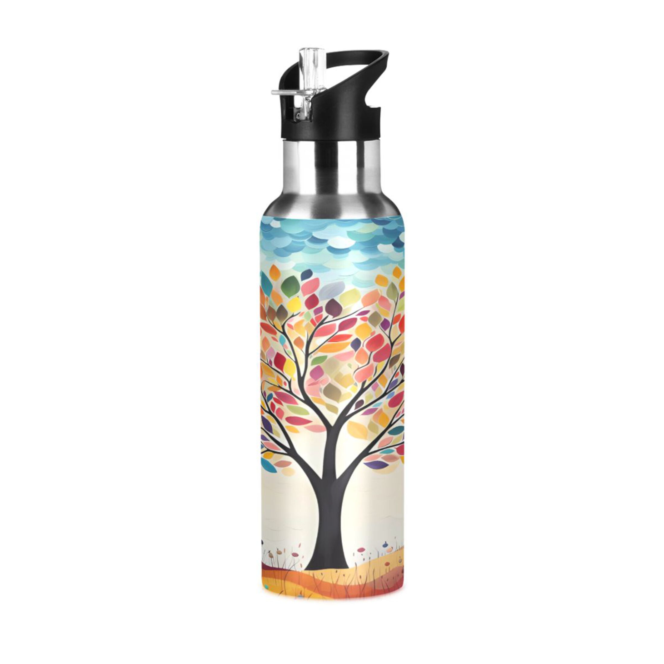 Water Bottle with Straw Lid Leak Abstract Tree with Blue Stainless Steel Insulated Thermos Vacuum Flask for Cold Hot Drinking for Sports Camping Gym Yoga