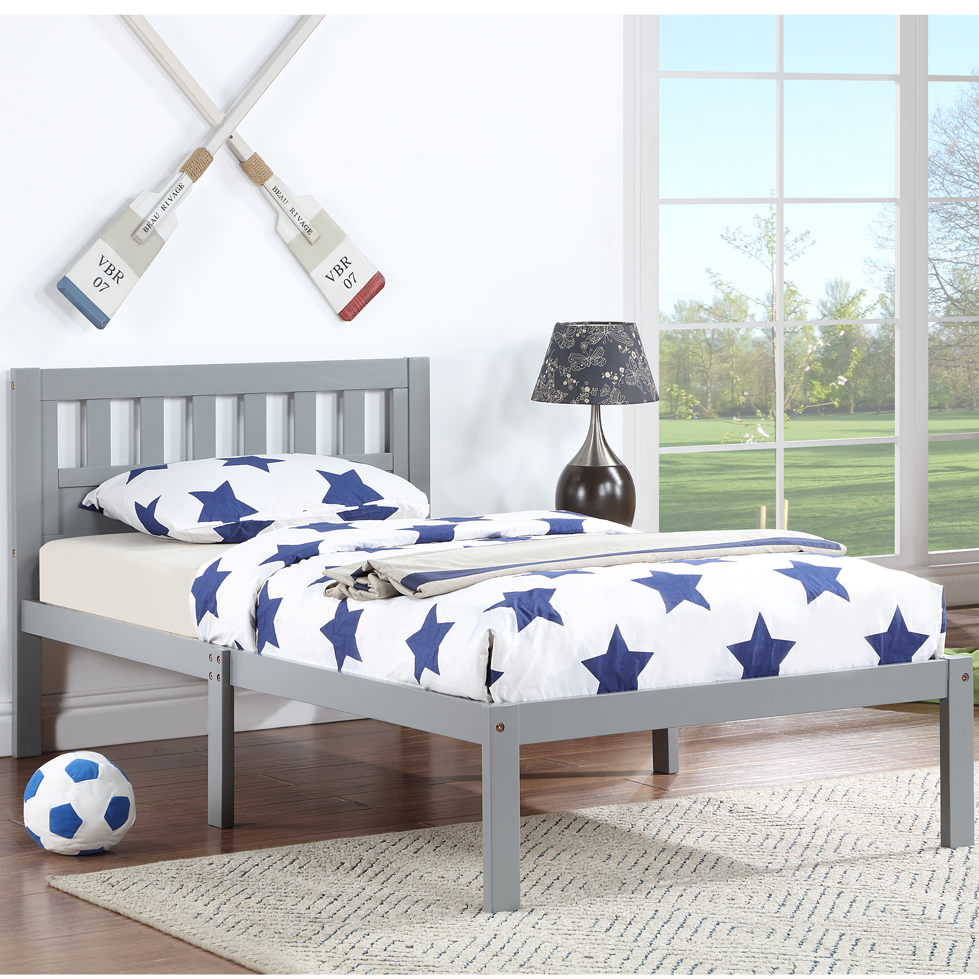 iRerts Wood Twin Bed Frame, Modern Twin Platform Bed Frame with Headboard, Wood Support Slats, Twin Size Bed Frame No Box Spring Needed, Bed Frame Twin Size for Kids Teens Adults Bedroom, Gray