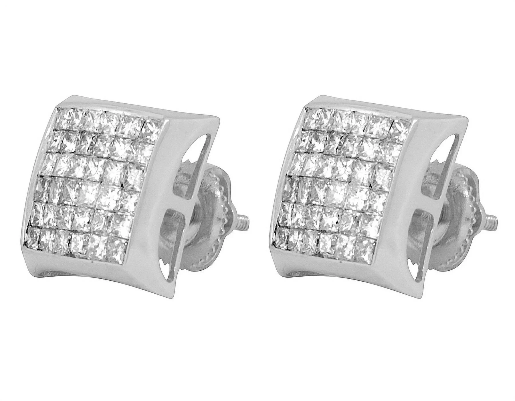 Unisex 14K White Gold Princess Invisible Diamond Kite Stud Earrings 1.50ct