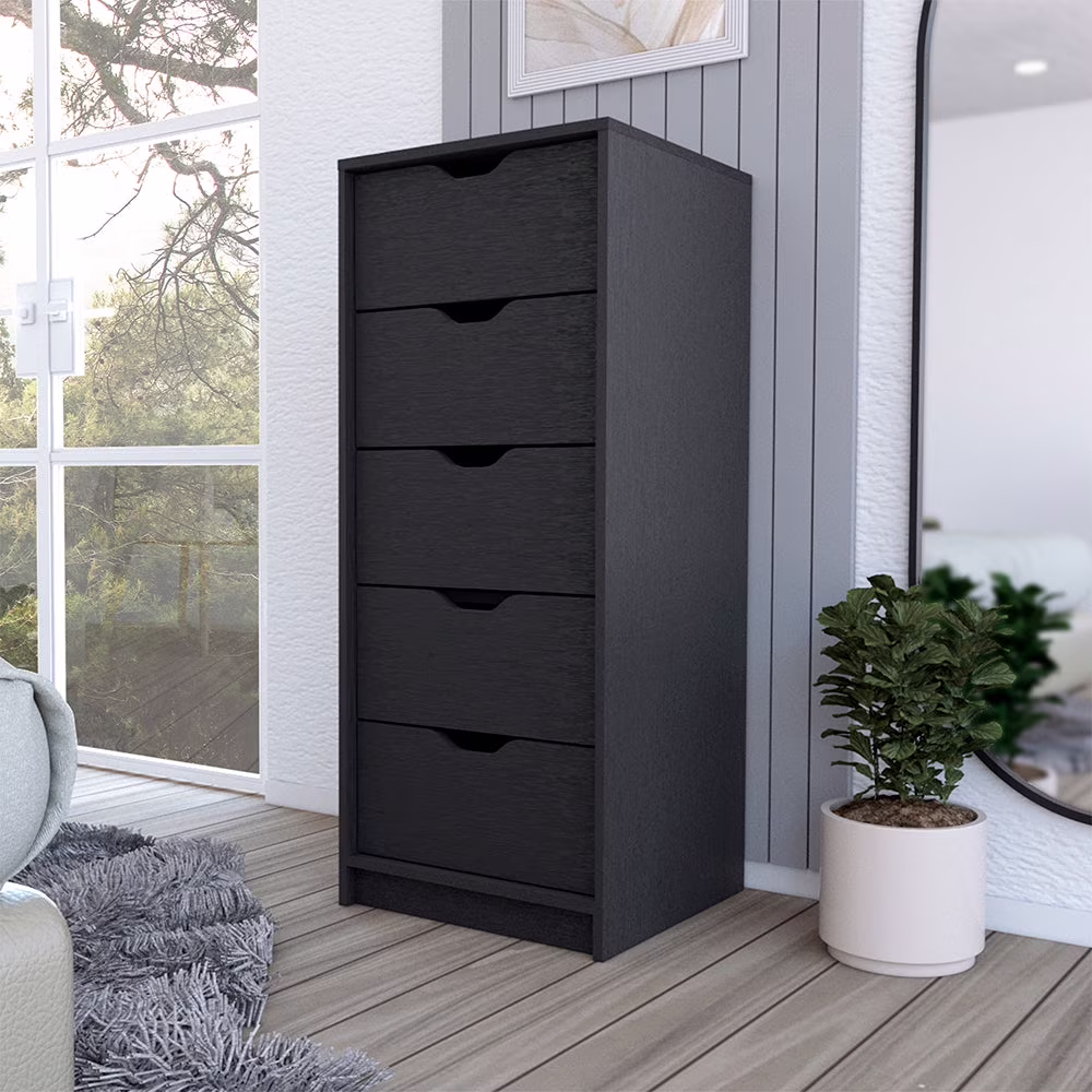 Treevol Furniture, Dresser Kamran, Five Drawers Narrow, Black Wengue Finish - Bedroom, Adults