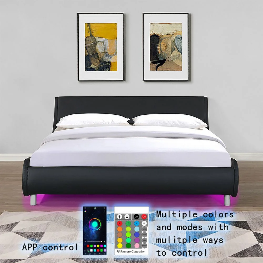 Faux Leather Upholstered Platform Bed Frame,Led Lighting With Remote Controller