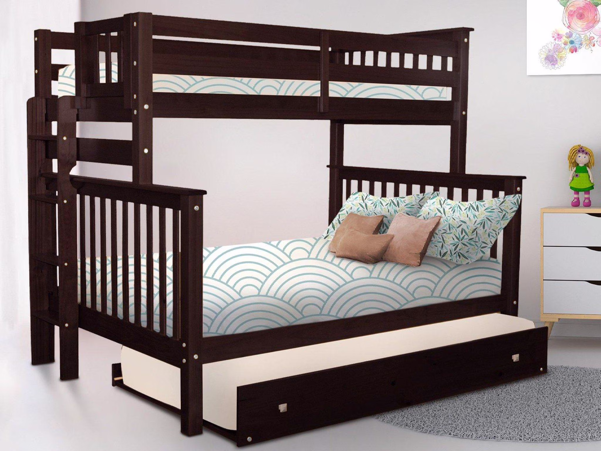 Bedz King Bunk Beds Twin over Full Mission Style with End Ladder and a Twin Trundle, Dark Cherry