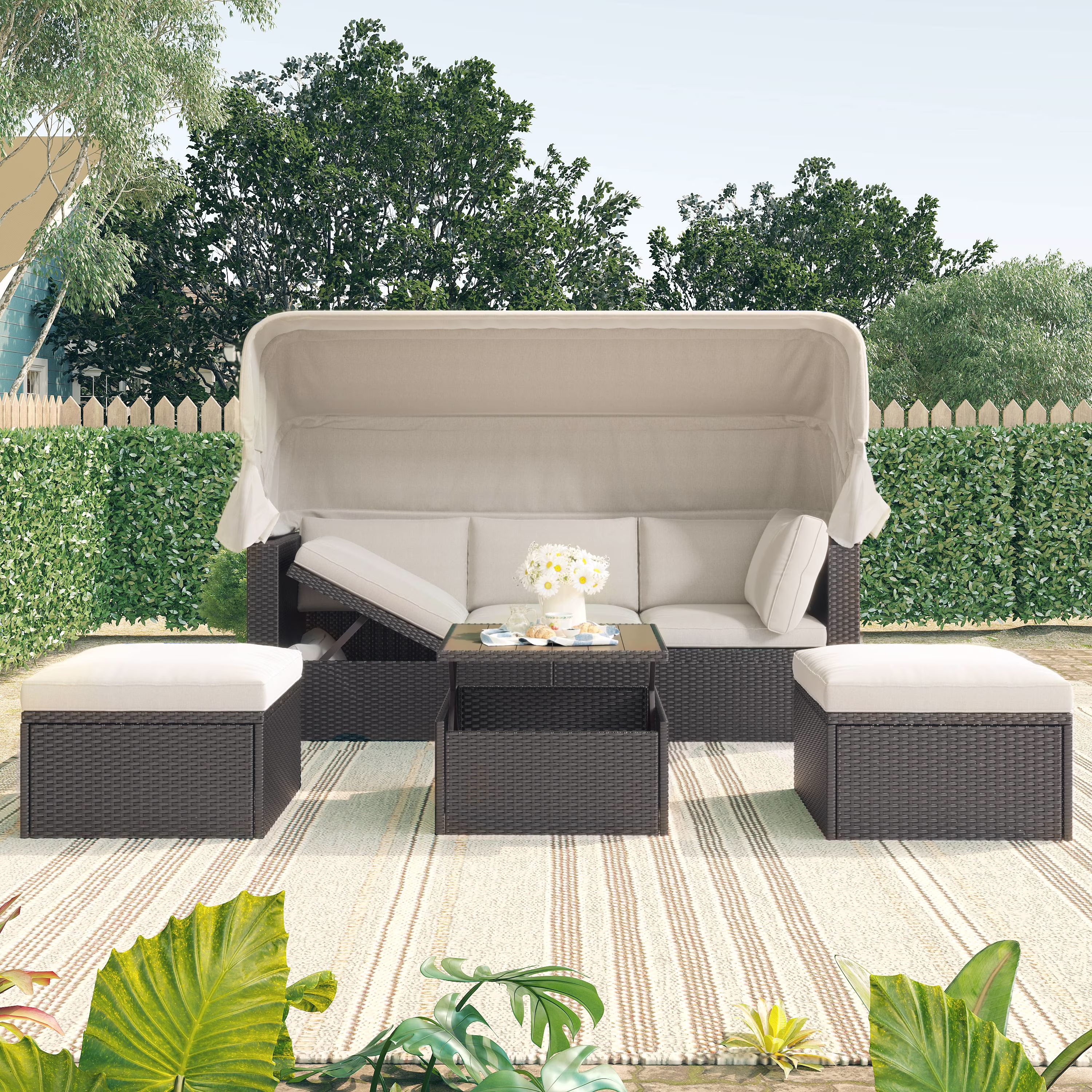 uhomepro Outdoor Sectional Sofa Set, 4 Piece Patio Rattan Daybed with Retractable Canopy, Adjustable Back, UV-Proof Resin Wicker Patio Sofa Set with Cushions, Pillows, and Lifting Table, Beige