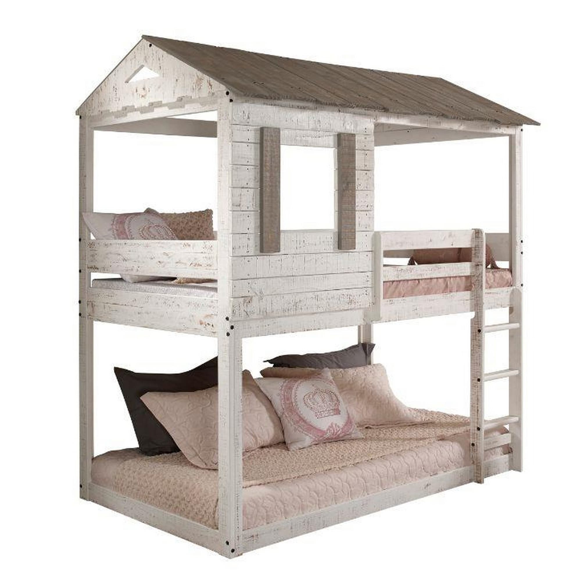 Wooden Twin Bunk Bed with House Design, White and Brown