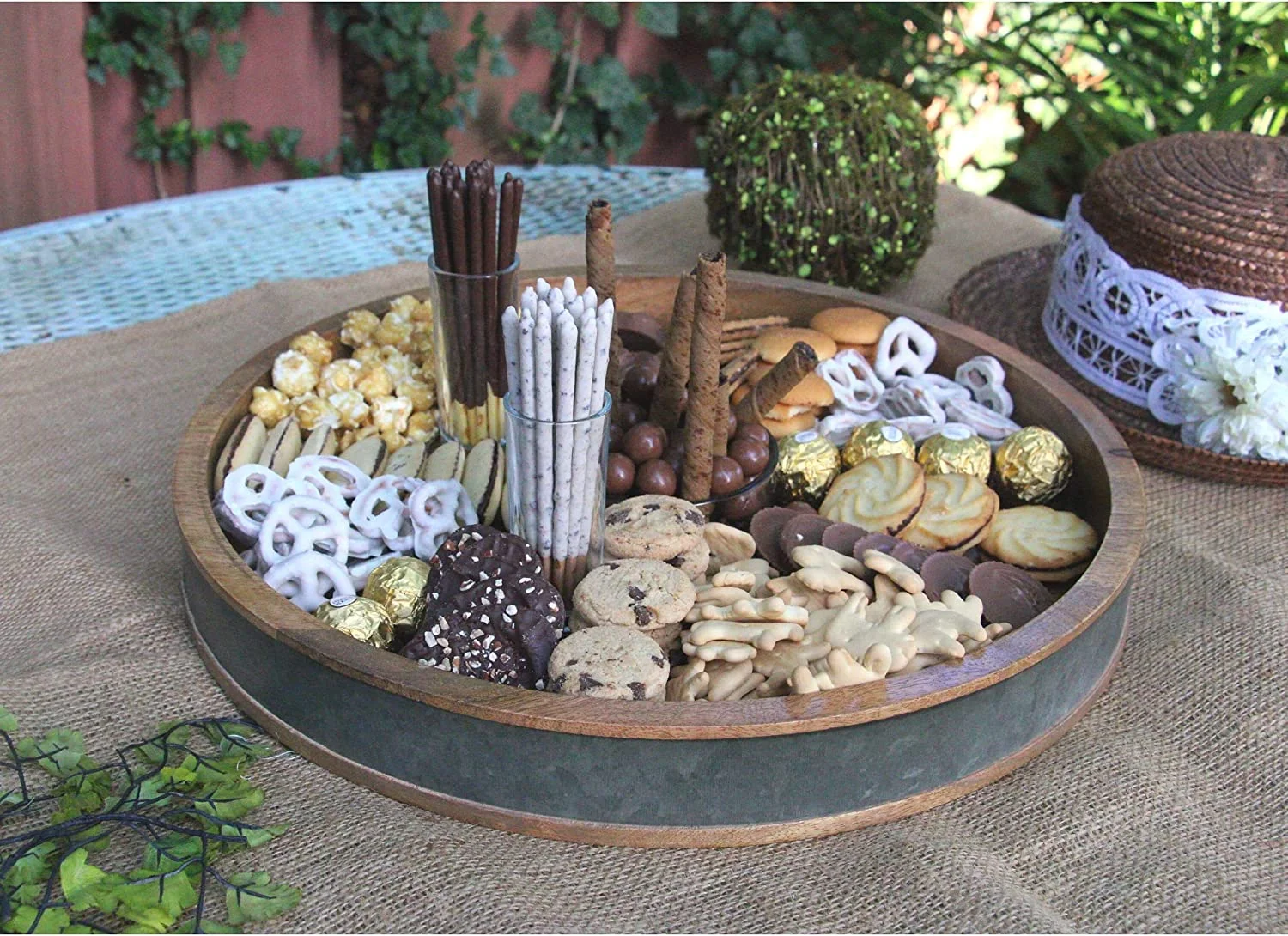 BirdRock Home Brown Wooden and Silver Iron Chip and Dip Serving Tray and Glass Bowl