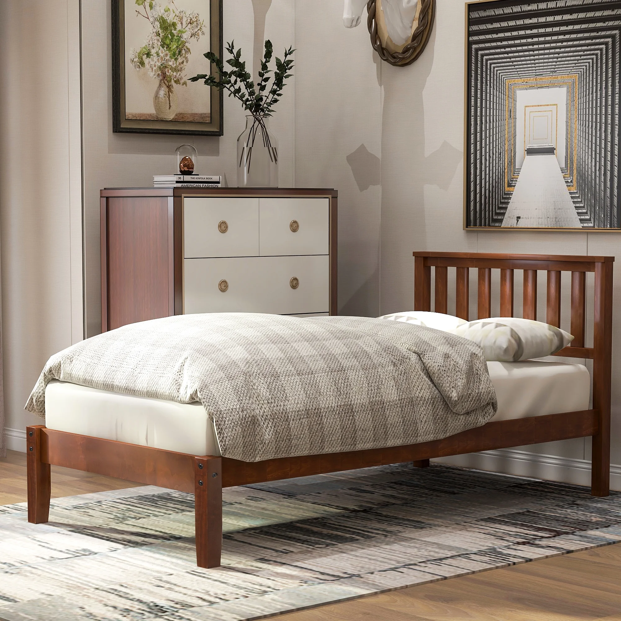 Gewnee Wood Platform Bed with Headboard and Mattress Foundation,Twin Size,Walnut