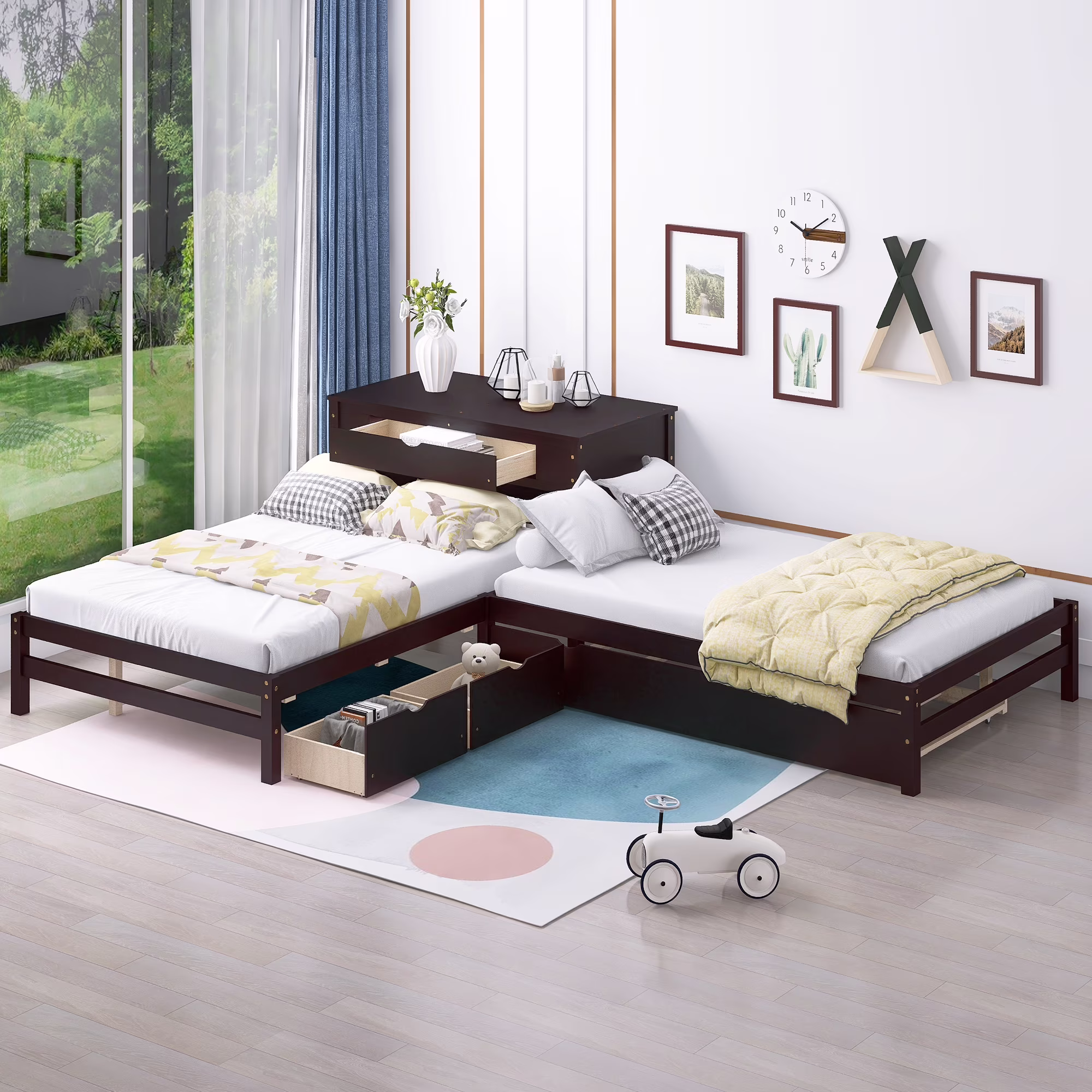 Full Size L-shaped Platform Beds with Trundle, Drawers and Table, Espresso