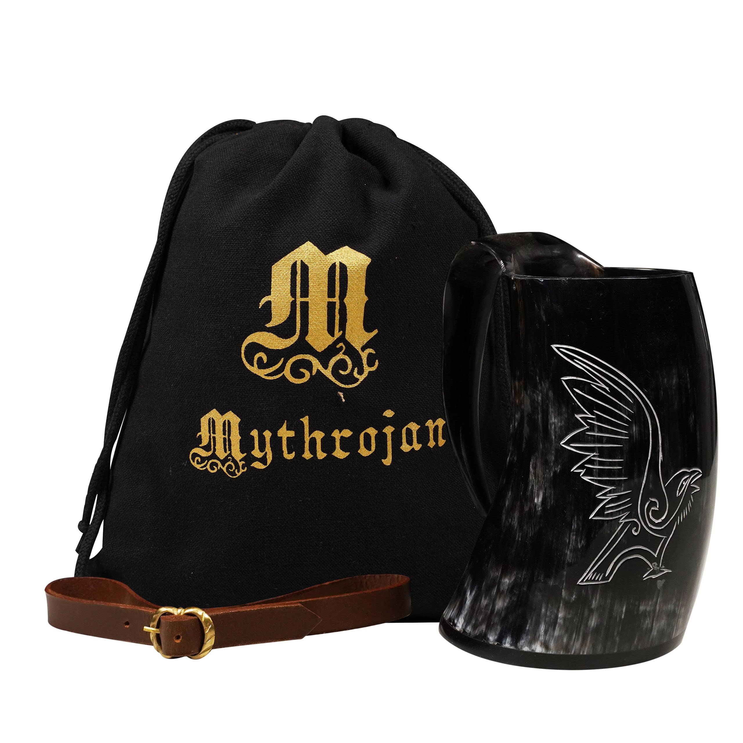 Mythrojan Viking Drinking Tankard with Medieval Buckle Leather Strap Wine Beer Mead Mug 800 ML - Polished Finish
