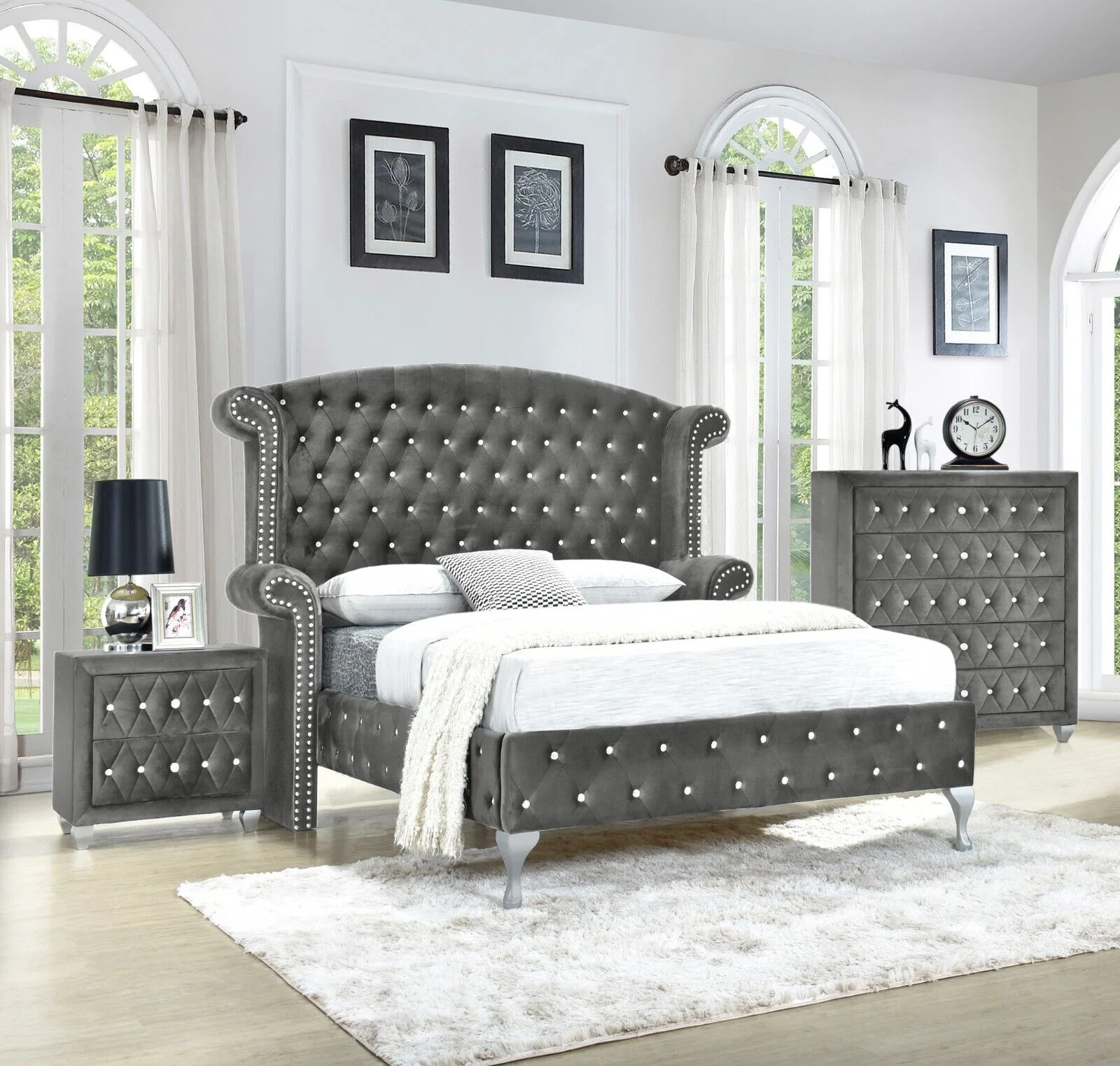 Modern 3Pc Queen Size Bed Chest Nightstand Set Master Bedroom Furniture Gray Velvet Upholstery