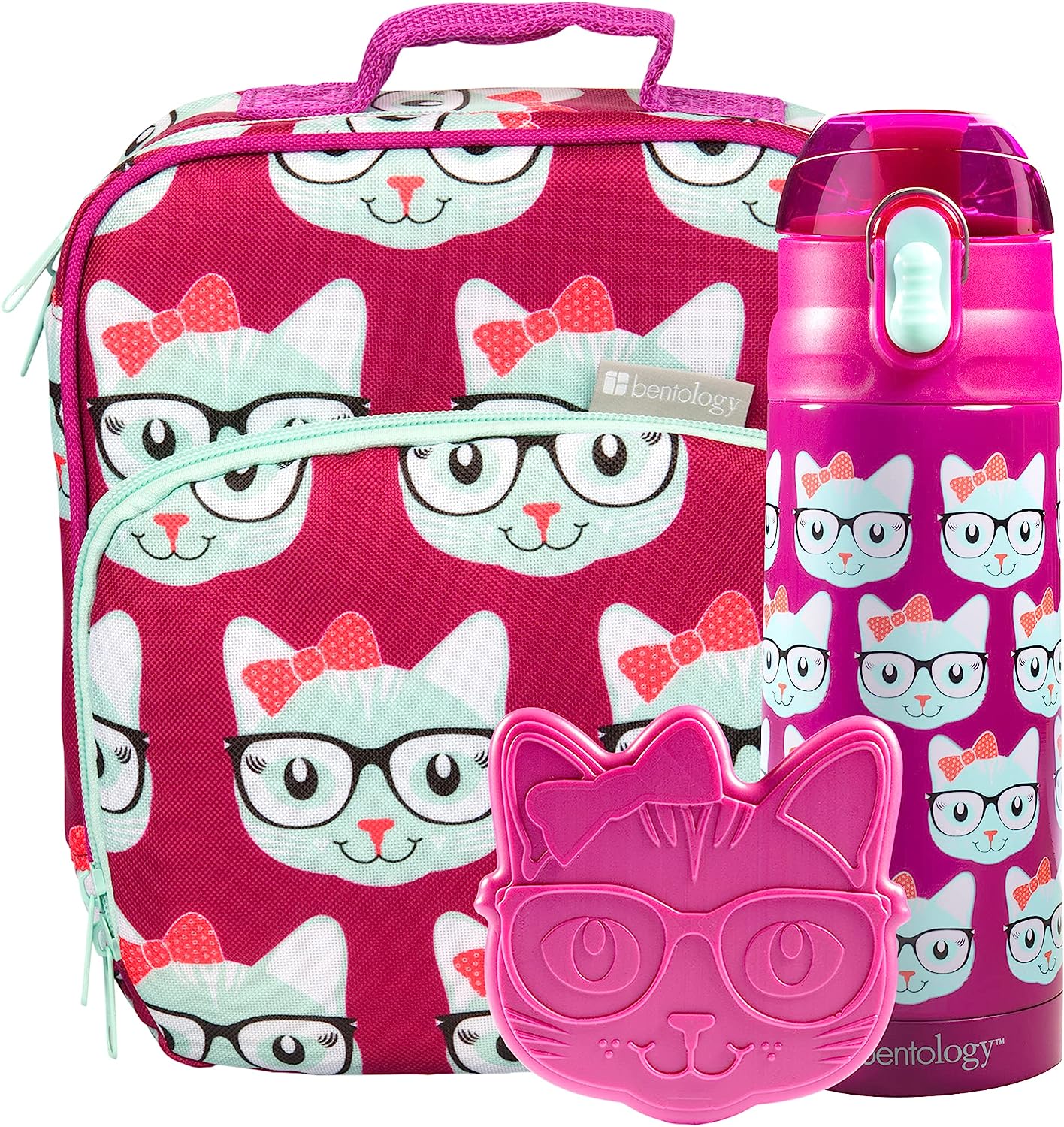 Bentology Kids Lunch Bag Set Pink Kitty- Thick Padded Handle, Insulated Tote, Reusable Hard Ice Pack & Insulated Stainless Steel Water Bottle- Keeps Lunch Fresh Longer, Back to School Lunchbox Kits