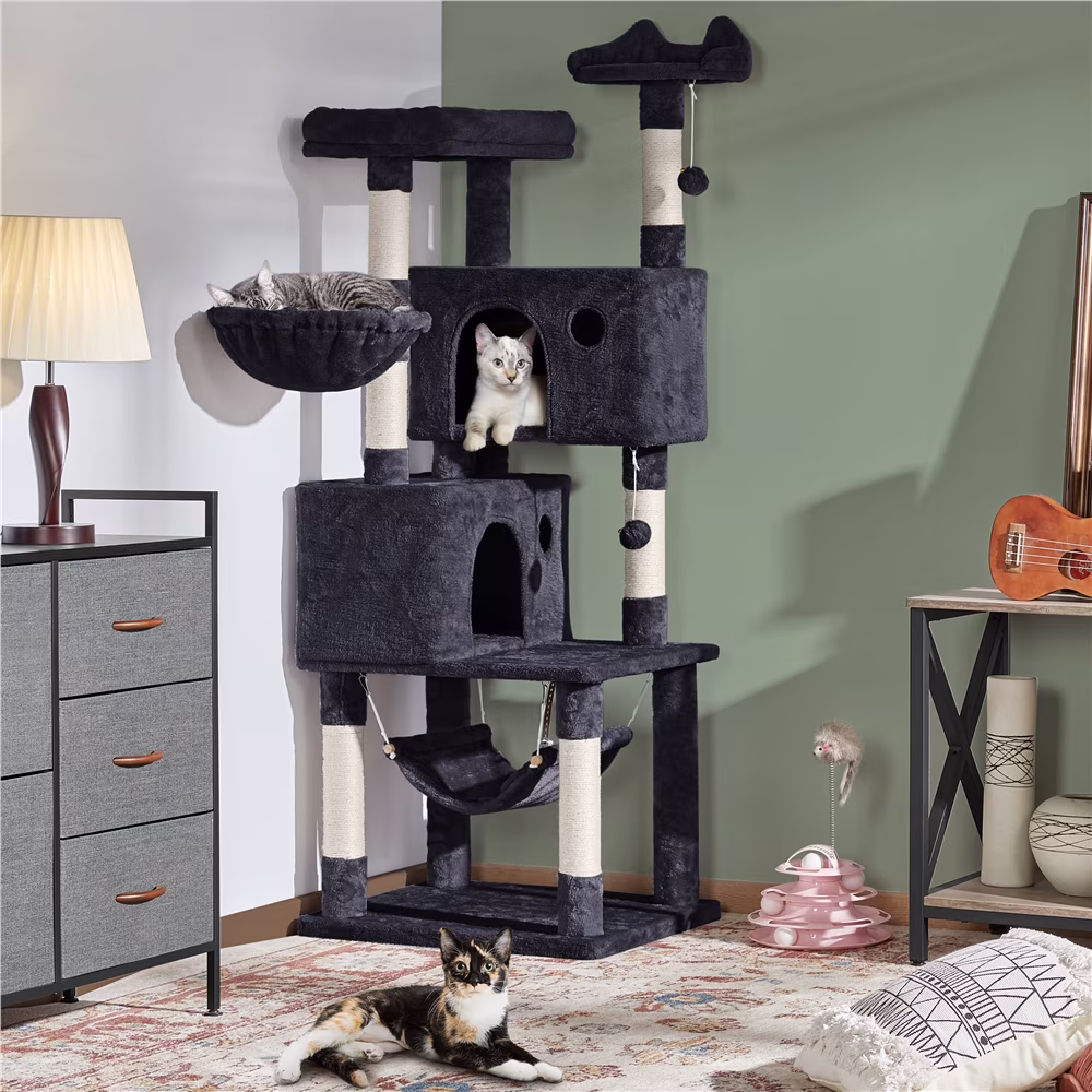 Topeakmart 64.5in Multi-level Large Cat Tree Condo Tower with Hammock Scratching Posts & Hammock, Black