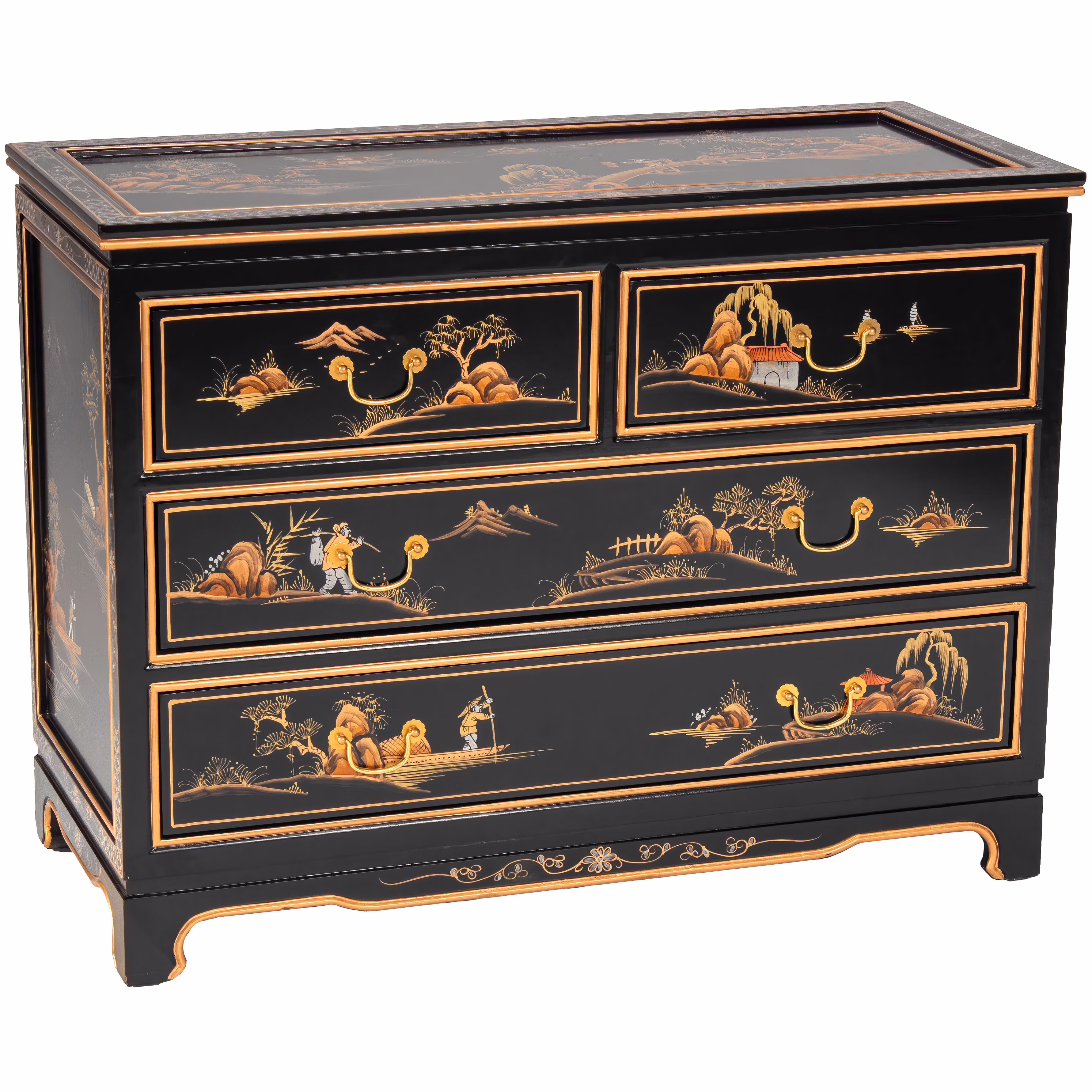 Oriental Furniture Black Lacquer Dresser - Landscape