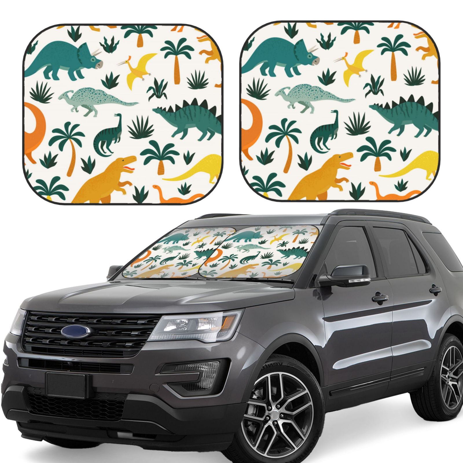 Lukts Dinosaurs And Tropical Leaves Print 2 Piece Car Sun Shade Windshield,Foldable Car Shade Front Windshield With Keeps Your Vehicle Cool, For Most Sedans Suv And Trucks - Small