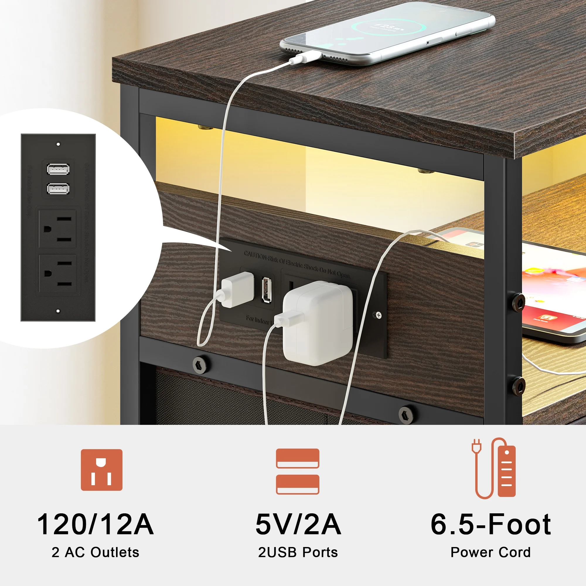 GUNAITO Nightstand with 4 Drawers Bedside Table with Charging Station and Led Lights End Table with Storage Shelf for Living Room Brown